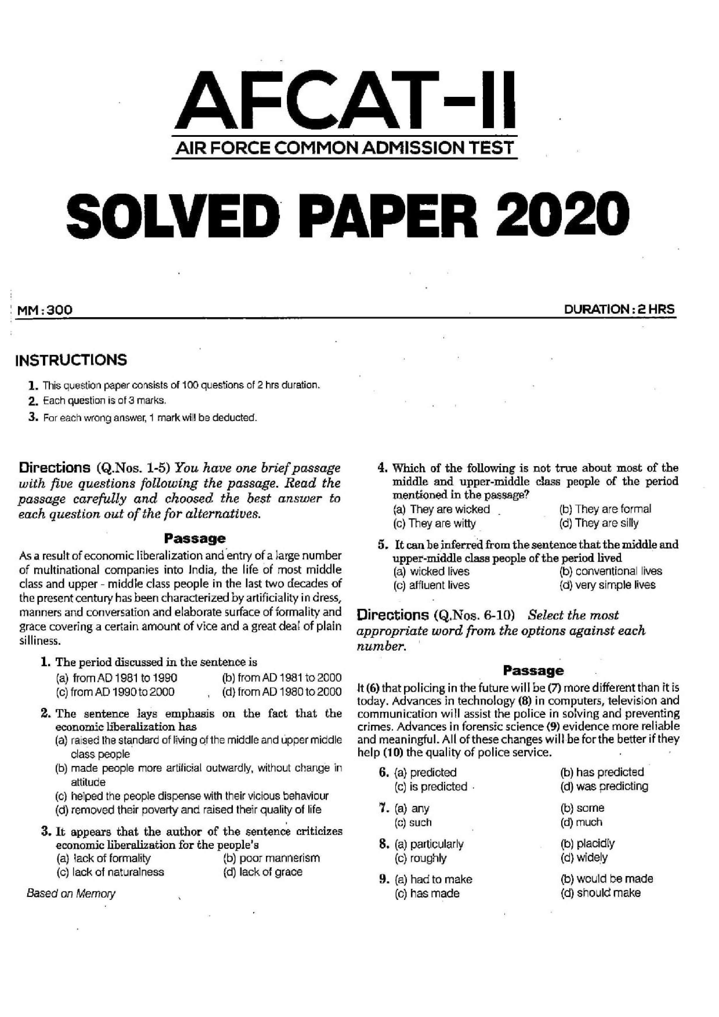 AFCAT 2 2020 Question Paper 01