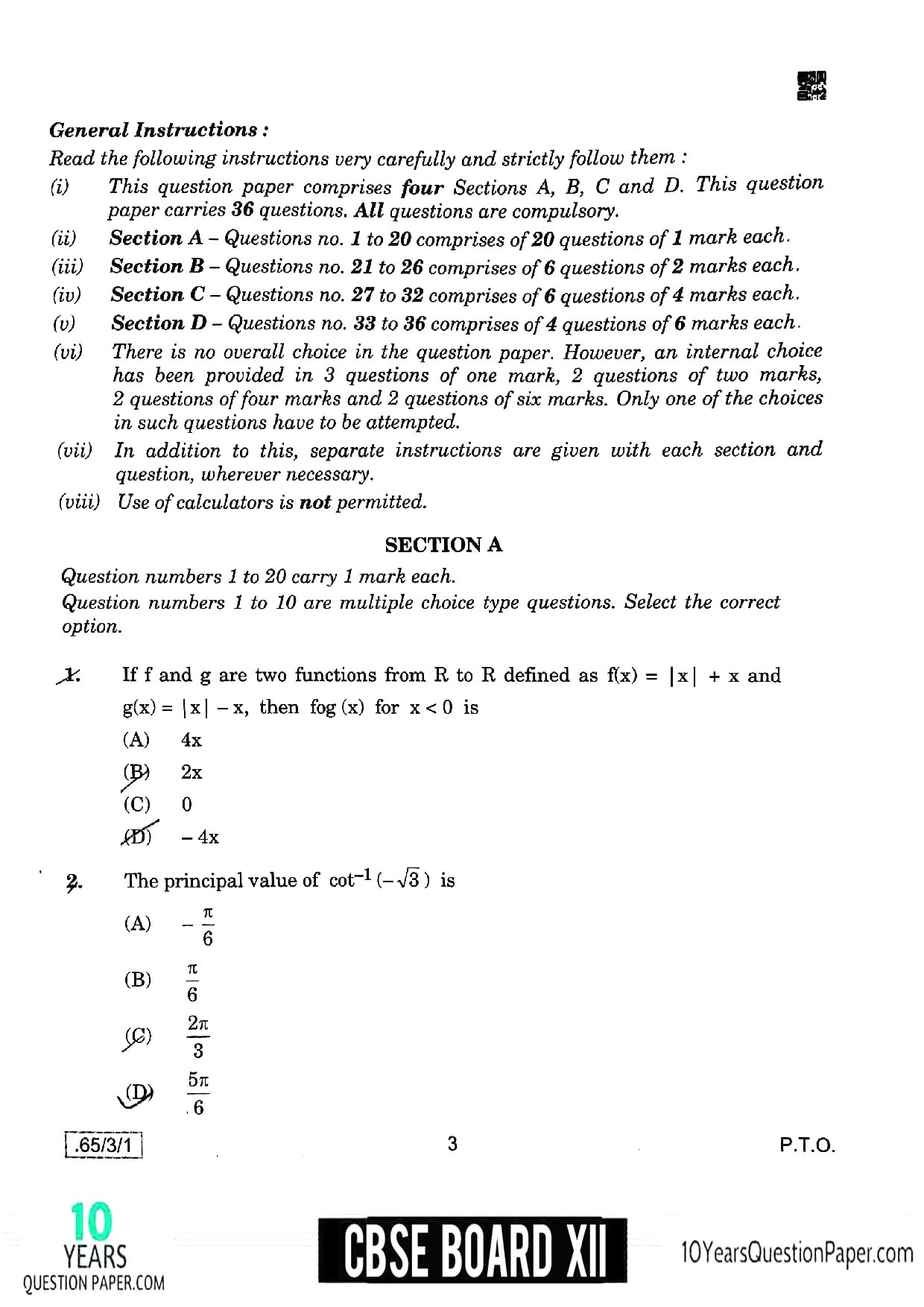 CBSE Class 12 Maths 2020 Question Paper 02