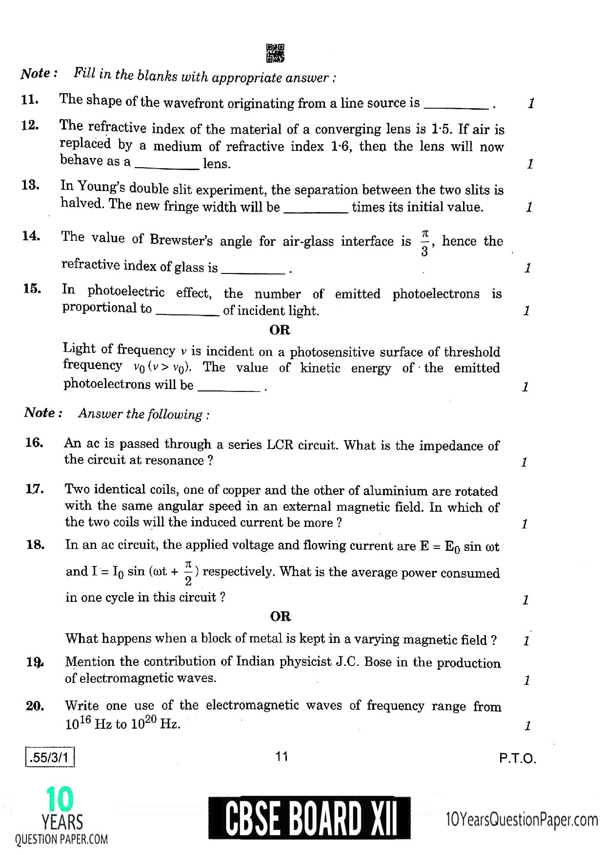CBSE Class 12 Physics 2020 Question Paper 05