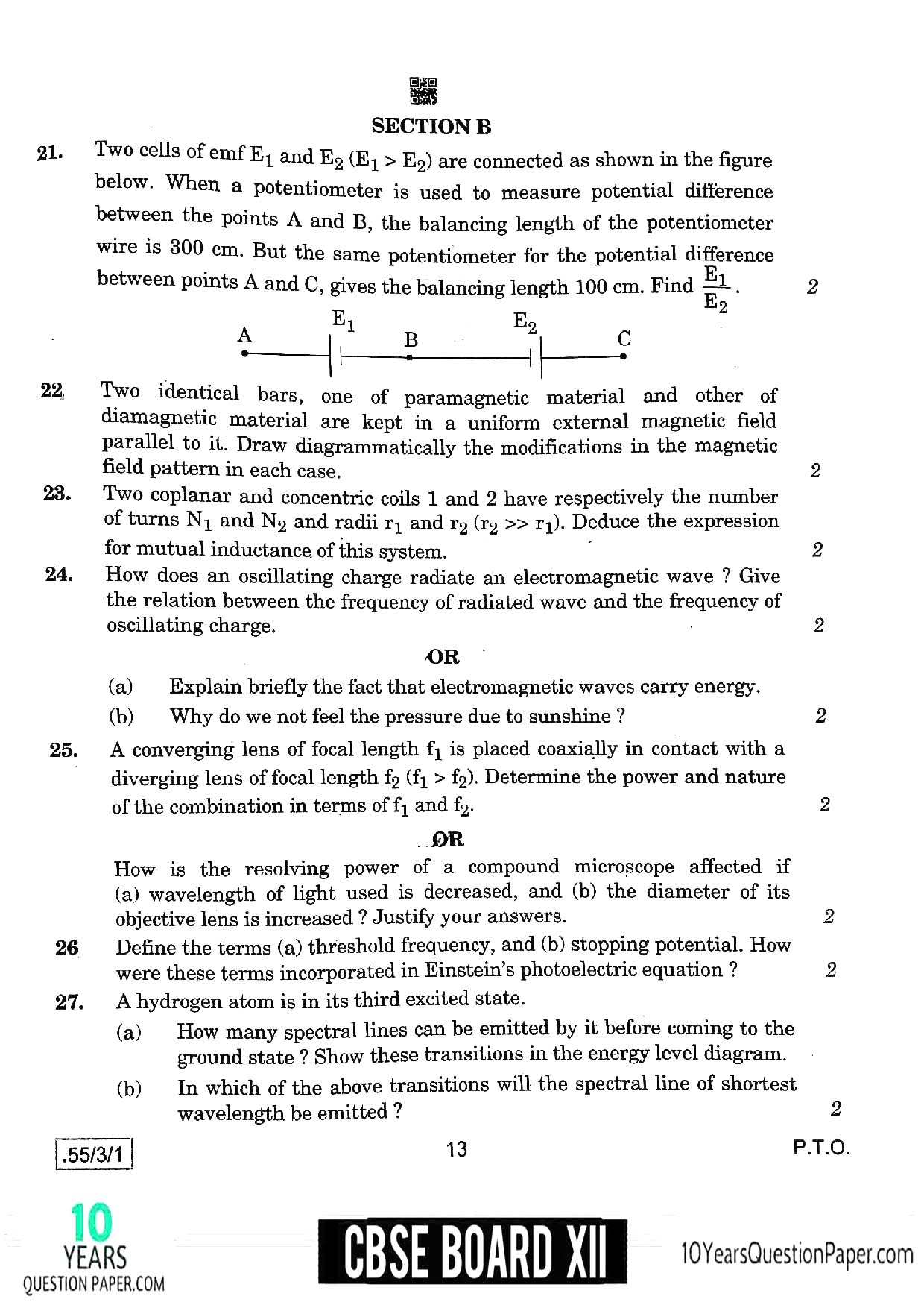 CBSE Class 12 Physics 2020 Question Paper 06