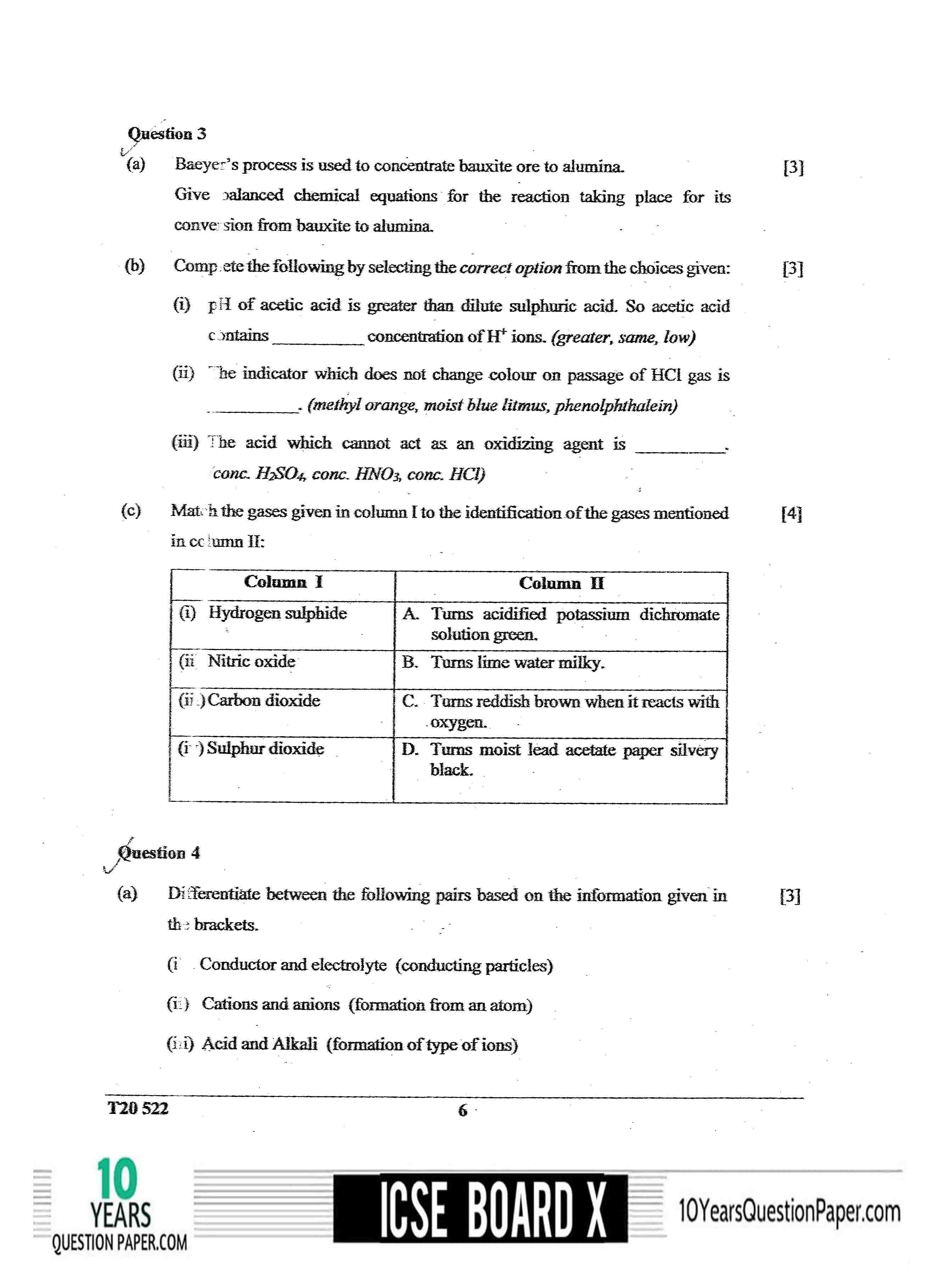 ICSE Class X 2020 Chemistry Question Paper ICSE Class 10 Chemistry 2020 Question Paper