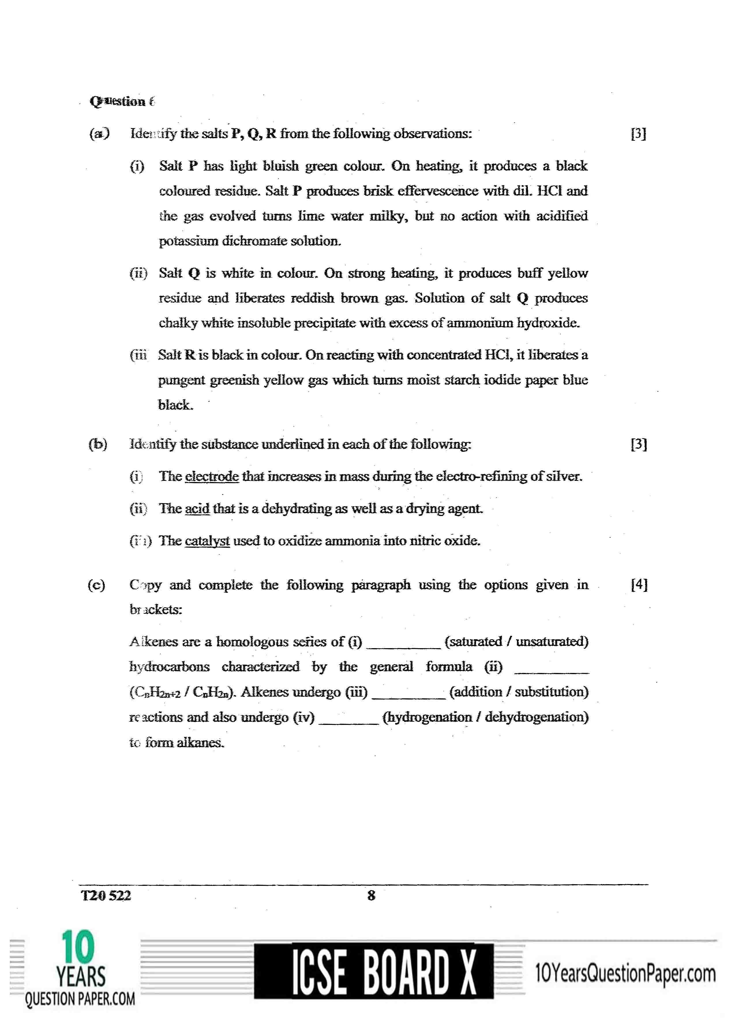 ICSE Class X 2020 Chemistry Question Paper ICSE Class 10 Chemistry 2020 Question Paper
