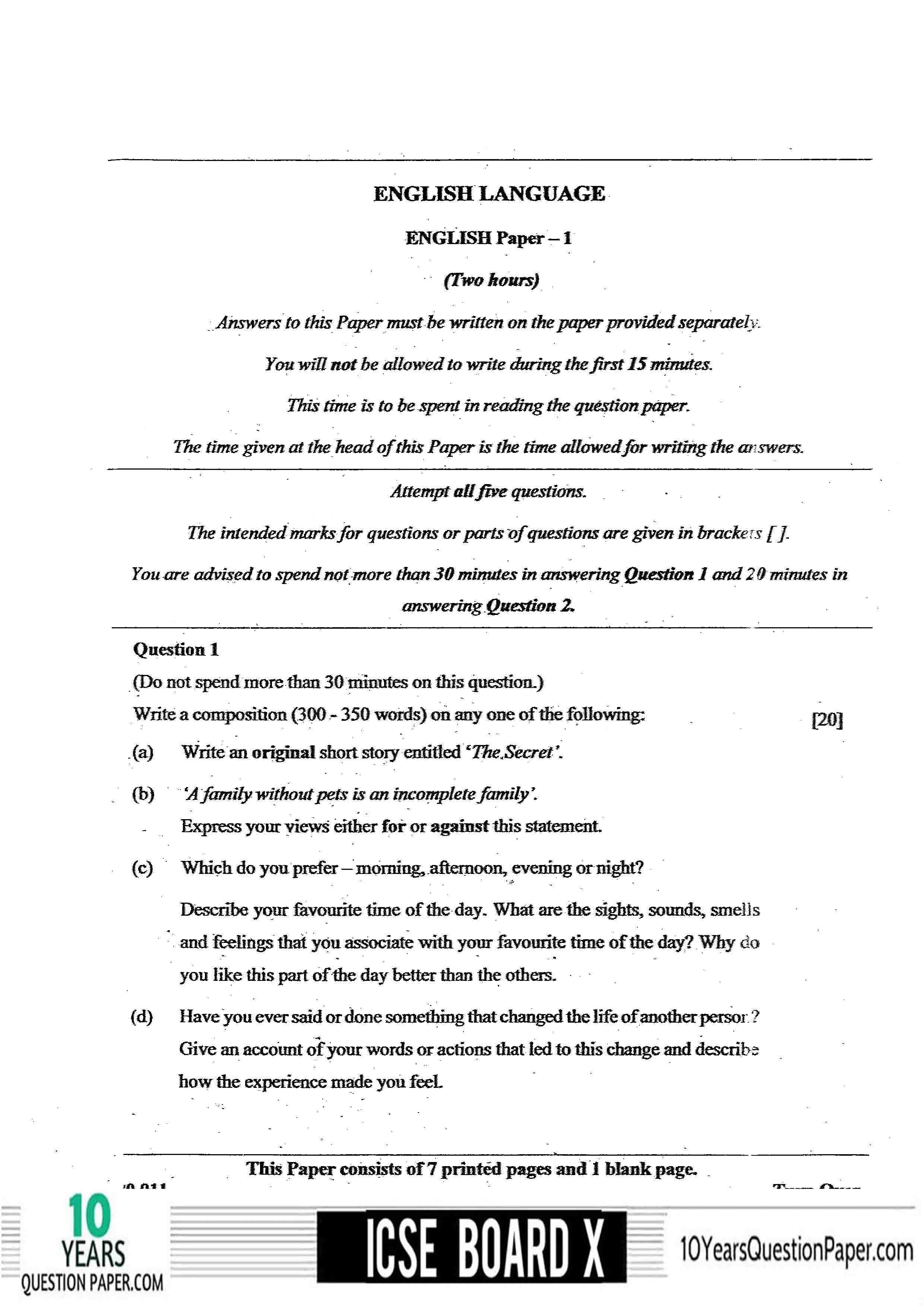 english grammar question paper icse