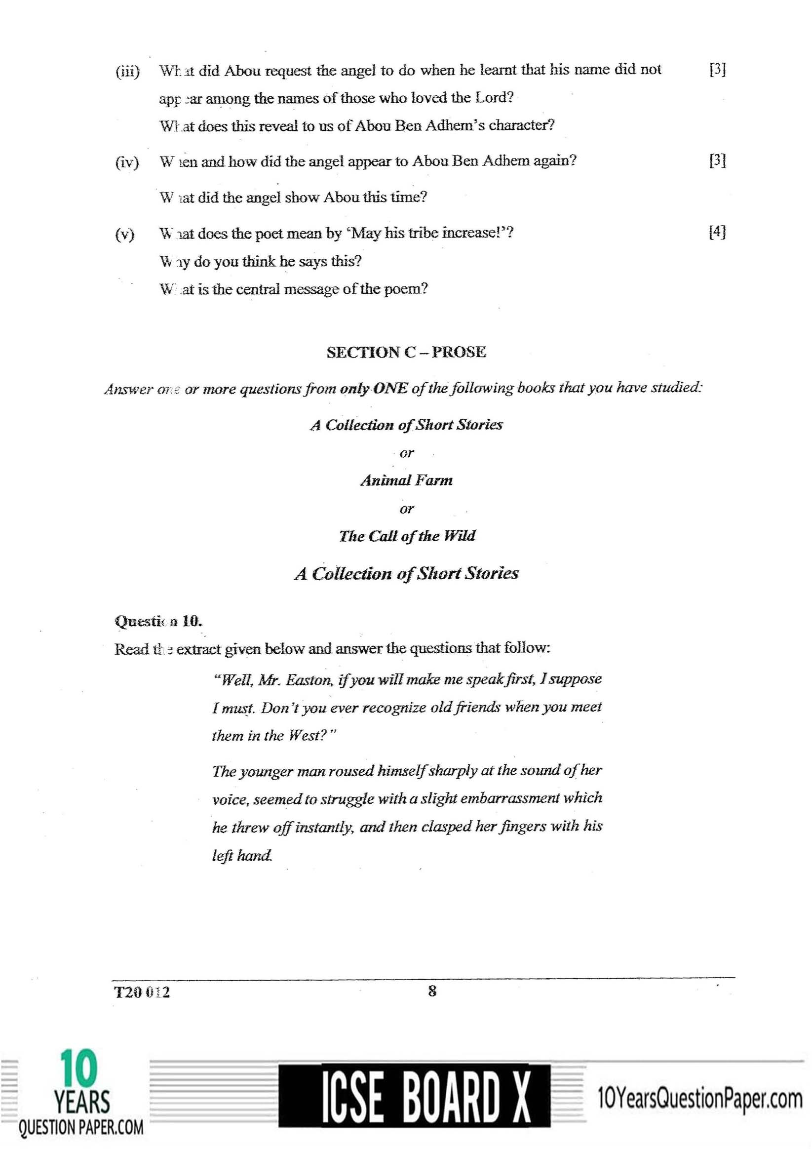 ICSE 2020 English Literature Question Paper for Class 10