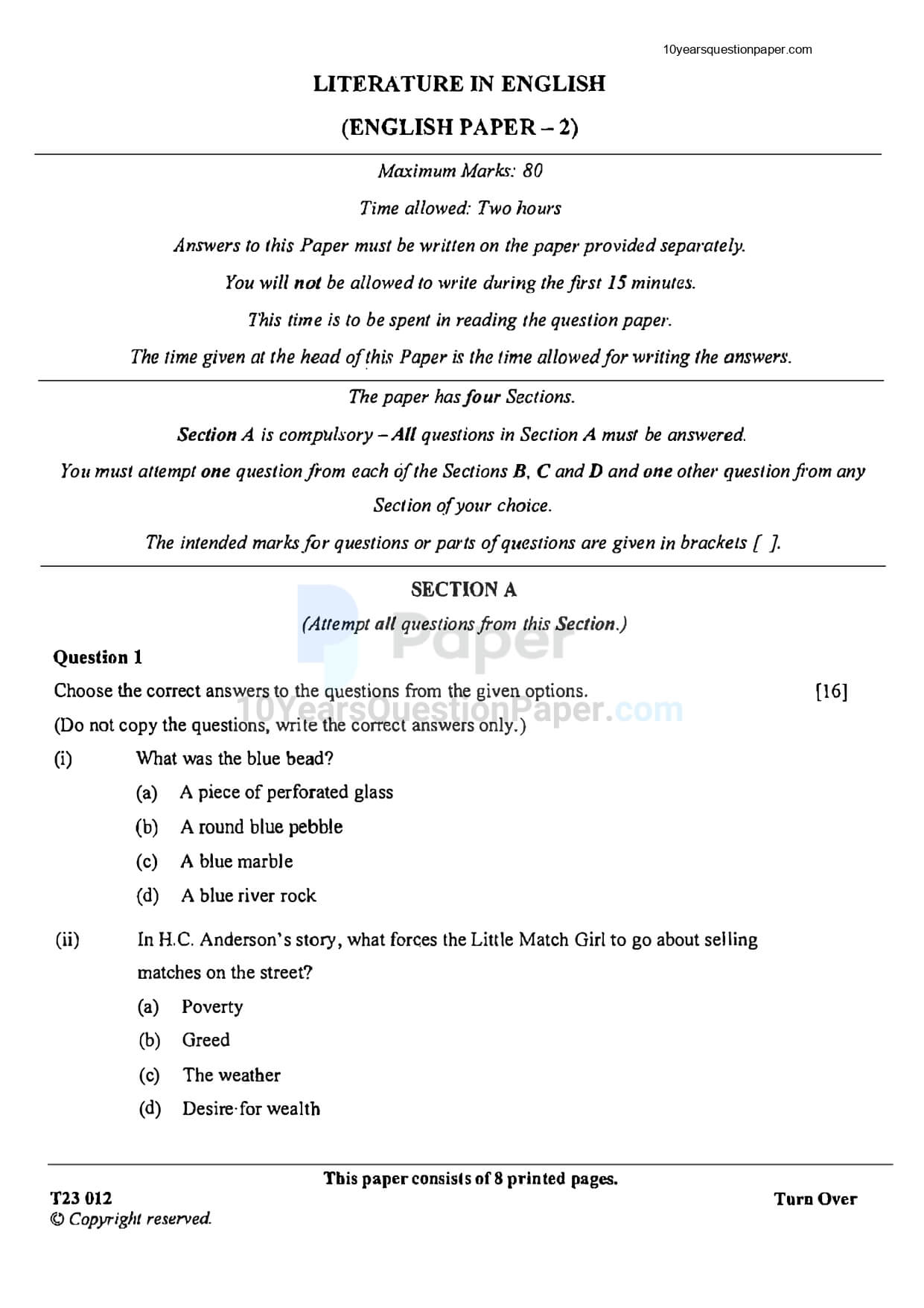 ICSE Class 10 English Literature 2023 Question Paper