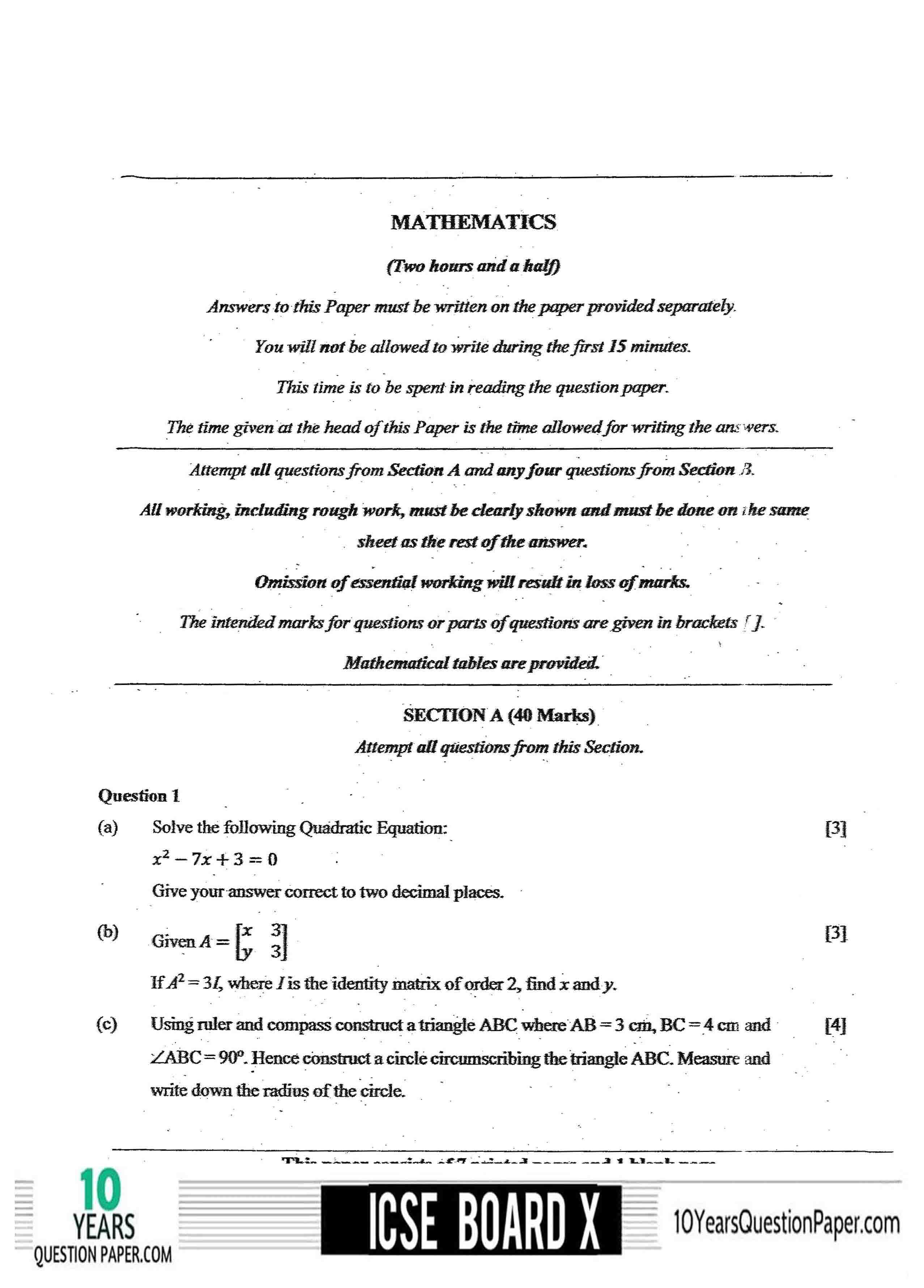 10 Years Question Papers Icse Class 10 Pdf