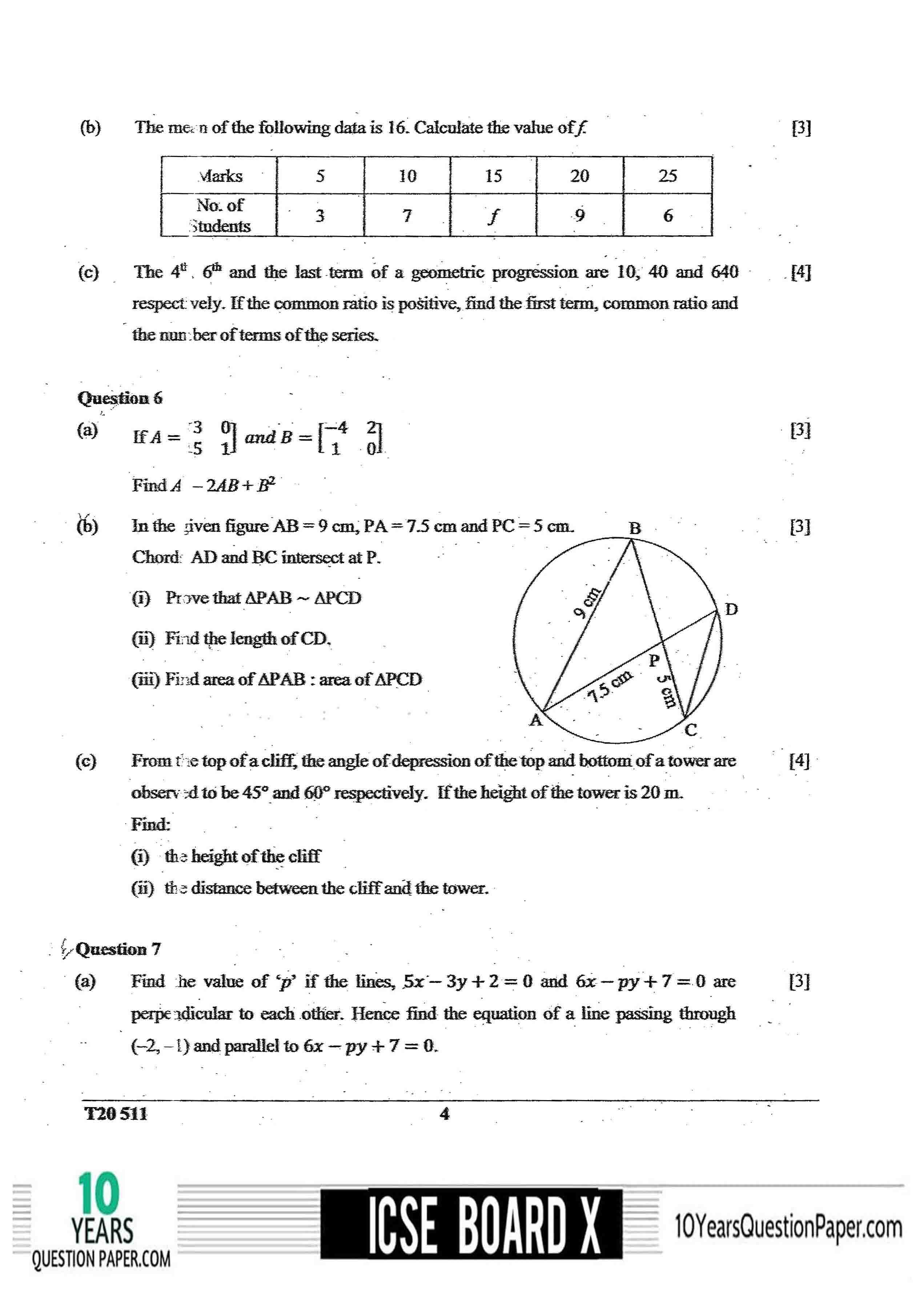 ICSE 2020 Mathematics Question Paper for Class 10