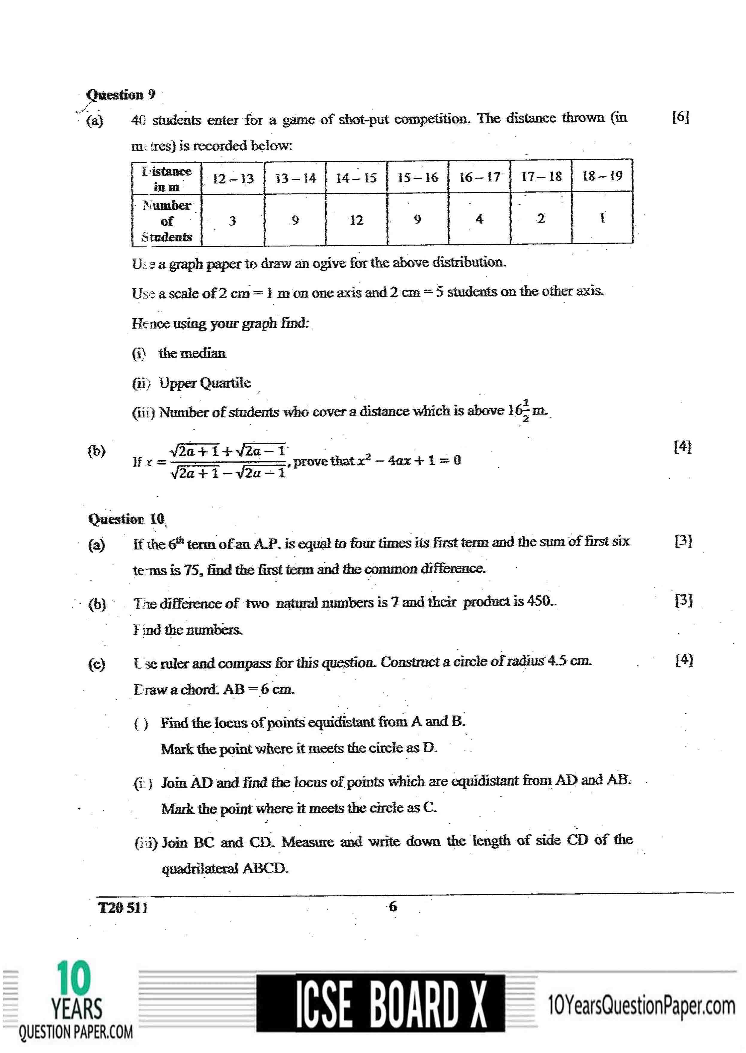 ICSE 2020 Mathematics Question Paper for Class 10