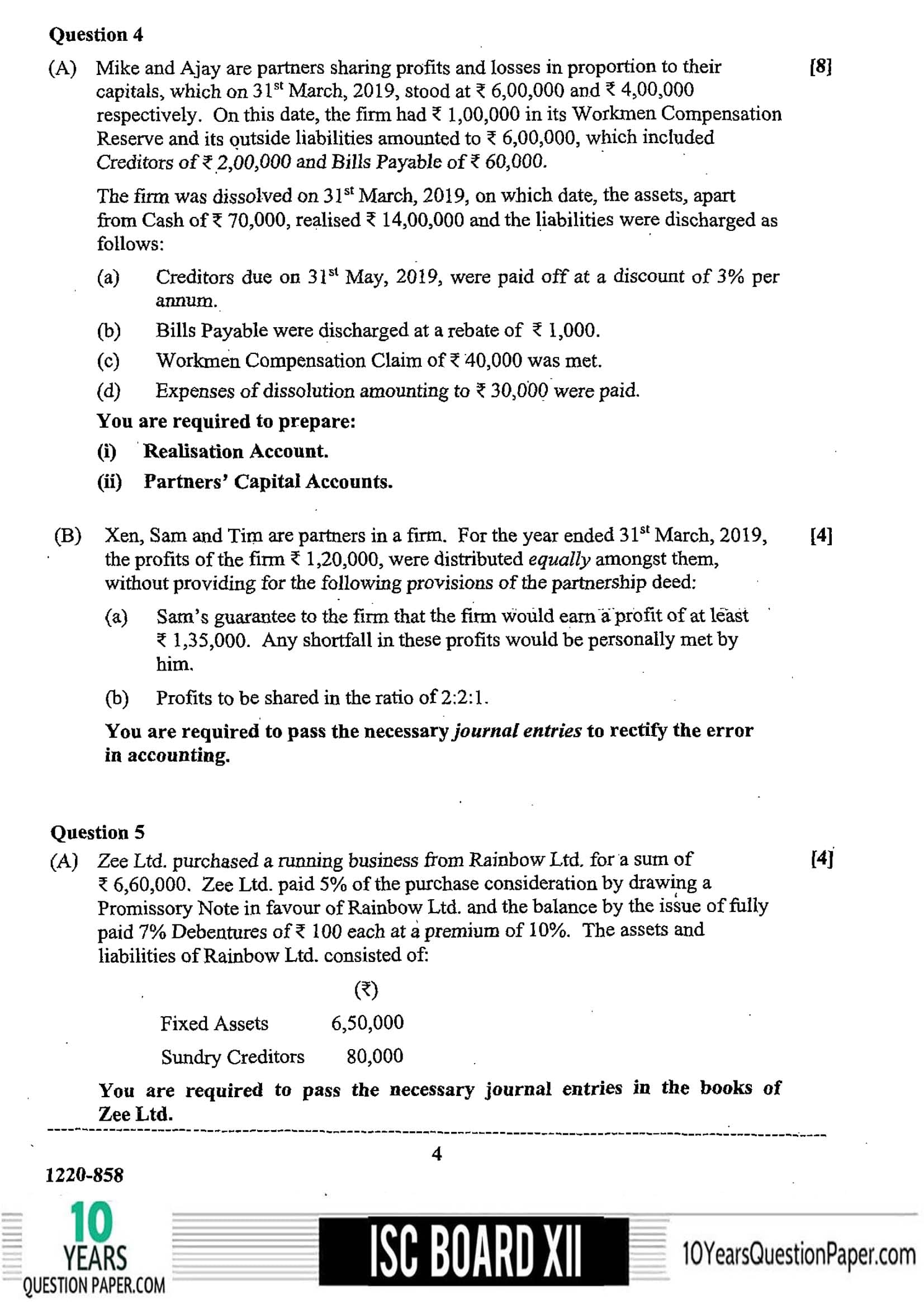 ISC Class 12 Accounts 2020 Question Paper