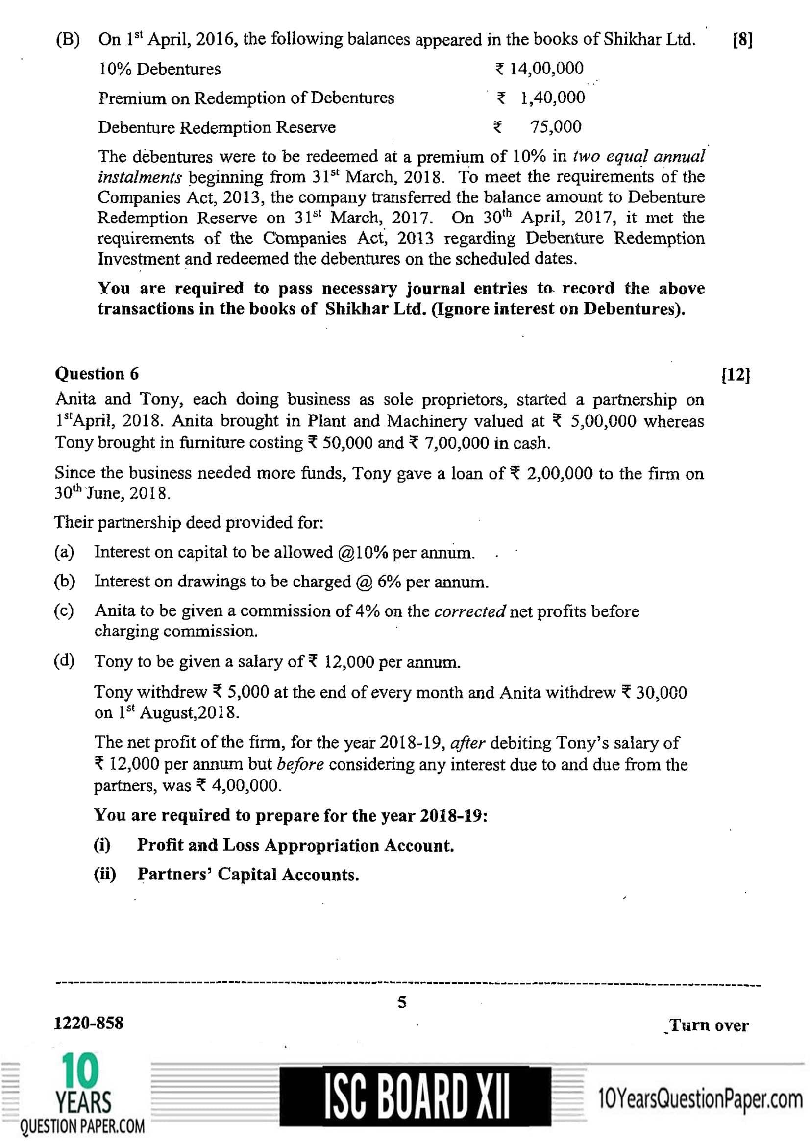 ISC Class 12 Accounts 2020 Question Paper