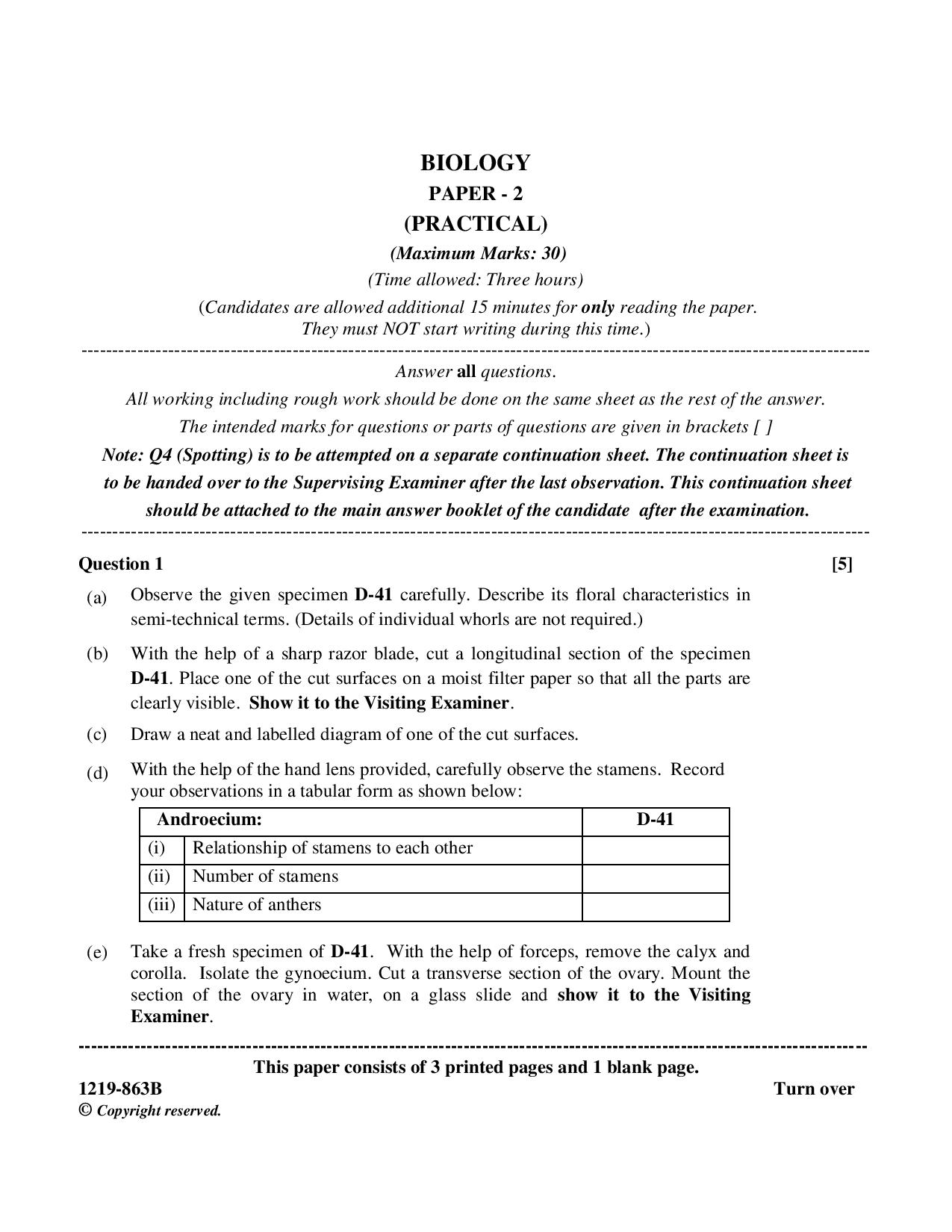 ISC Class 12 Biology practical 2019 Question Paper