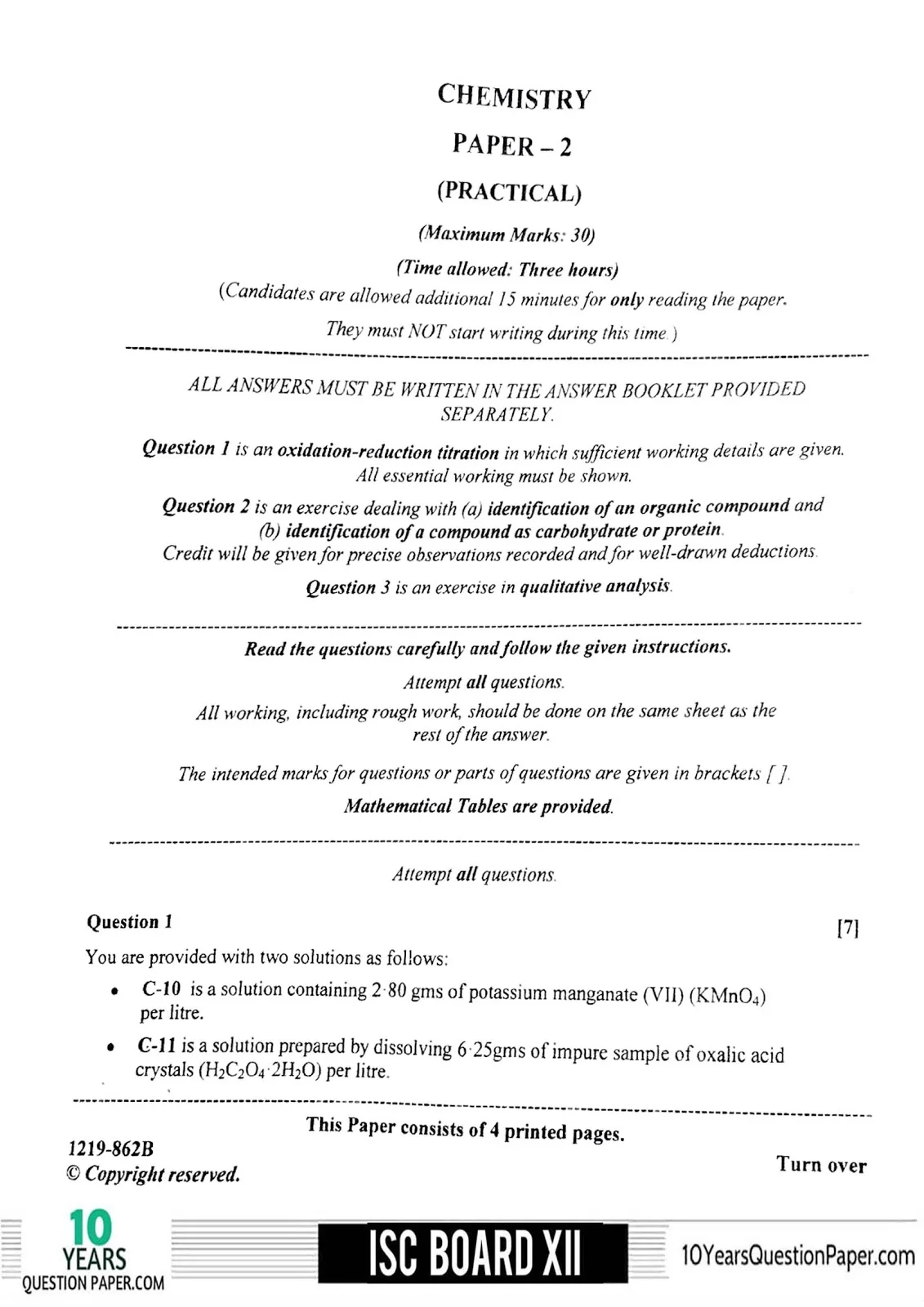 ISC Class 12 Chemistry Practical 2019 Question Paper