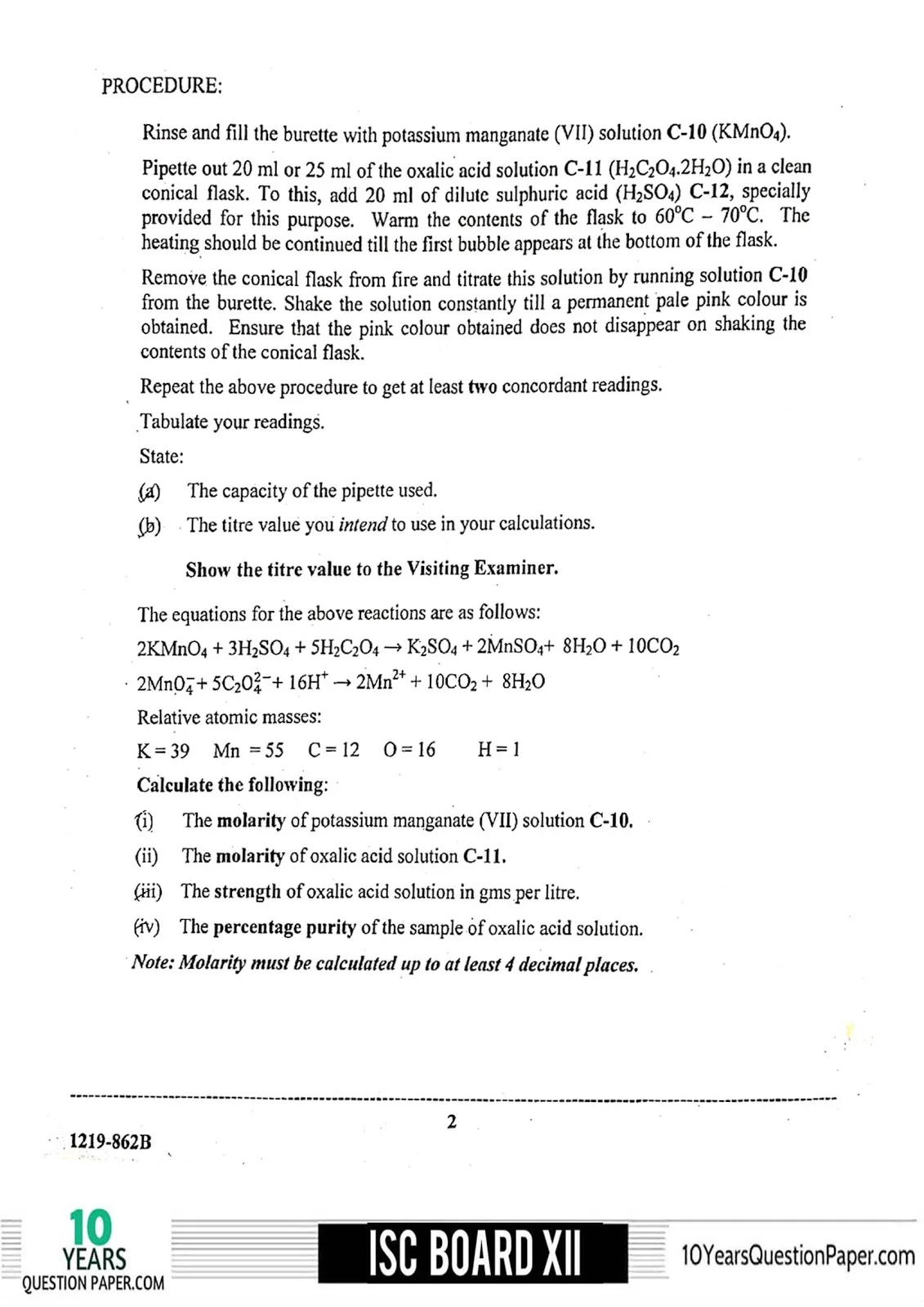 ISC Class 12 Chemistry Practical 2019 Question Paper