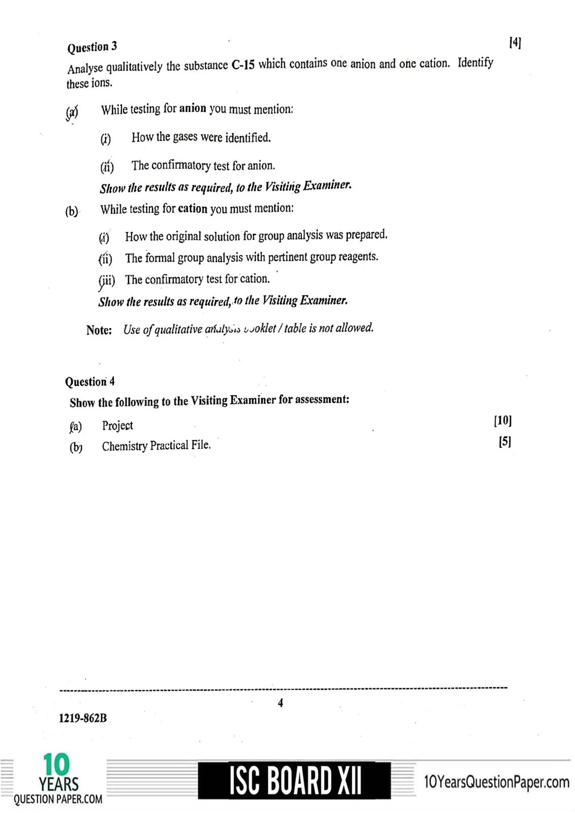 ISC Class 12 Chemistry Practical 2019 Question Paper