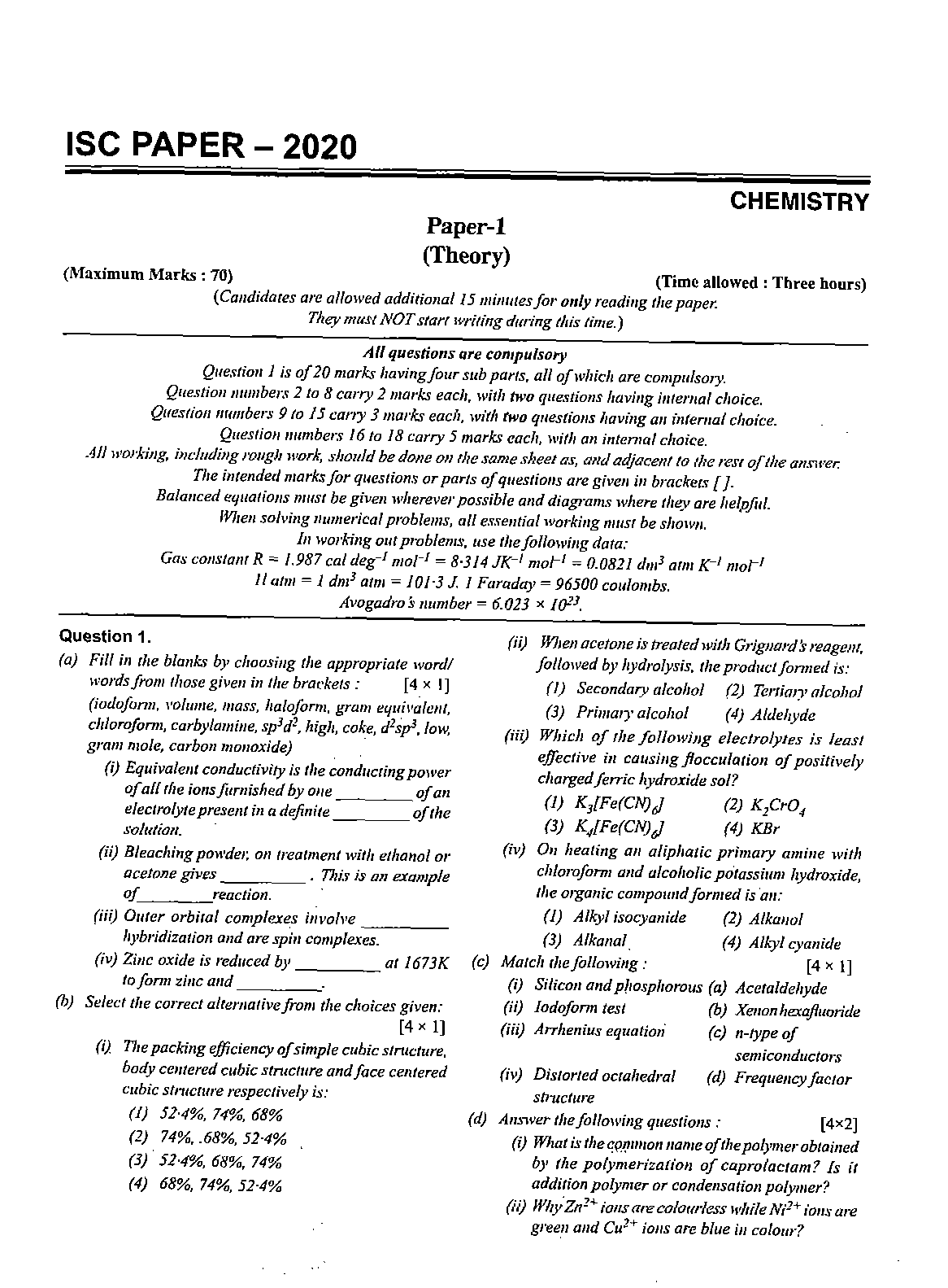 Sample Paper Class 12 2021 Isc Chemistry Exampless Papers 9473