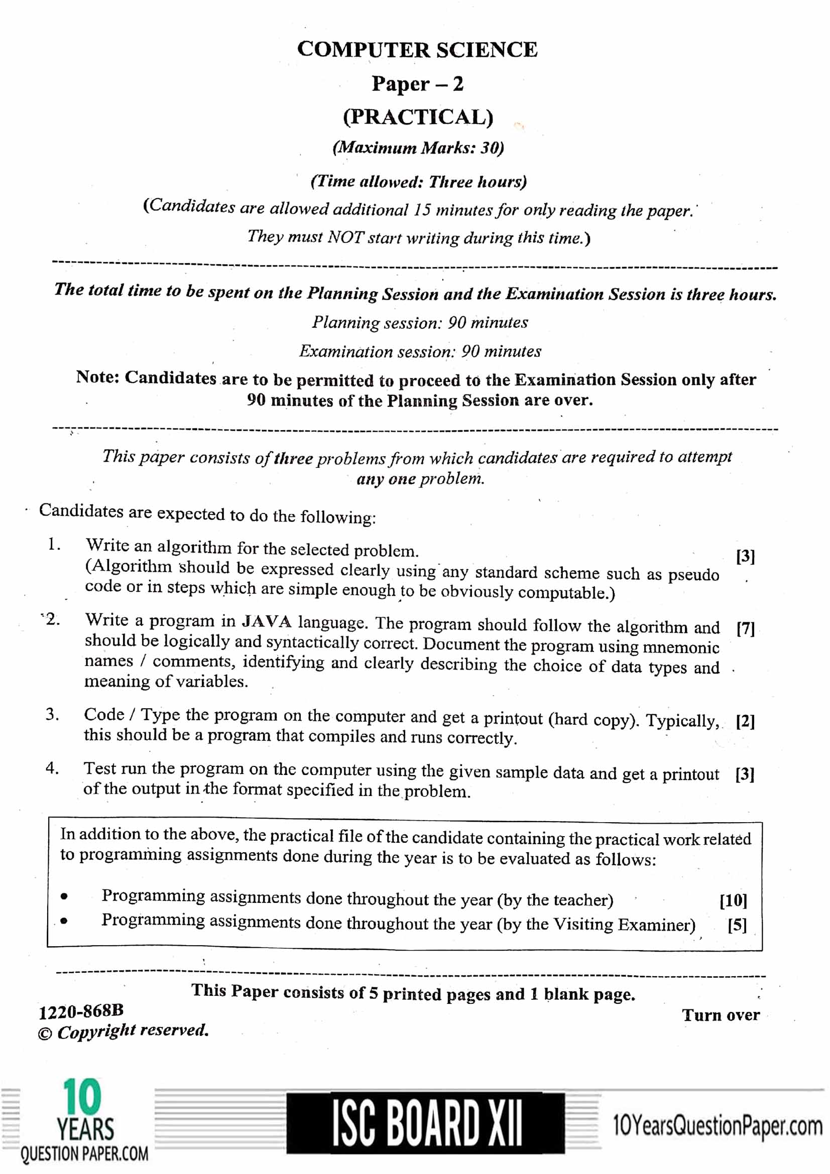 ISC Class 12 Computer Science Practical 2020 Question Paper