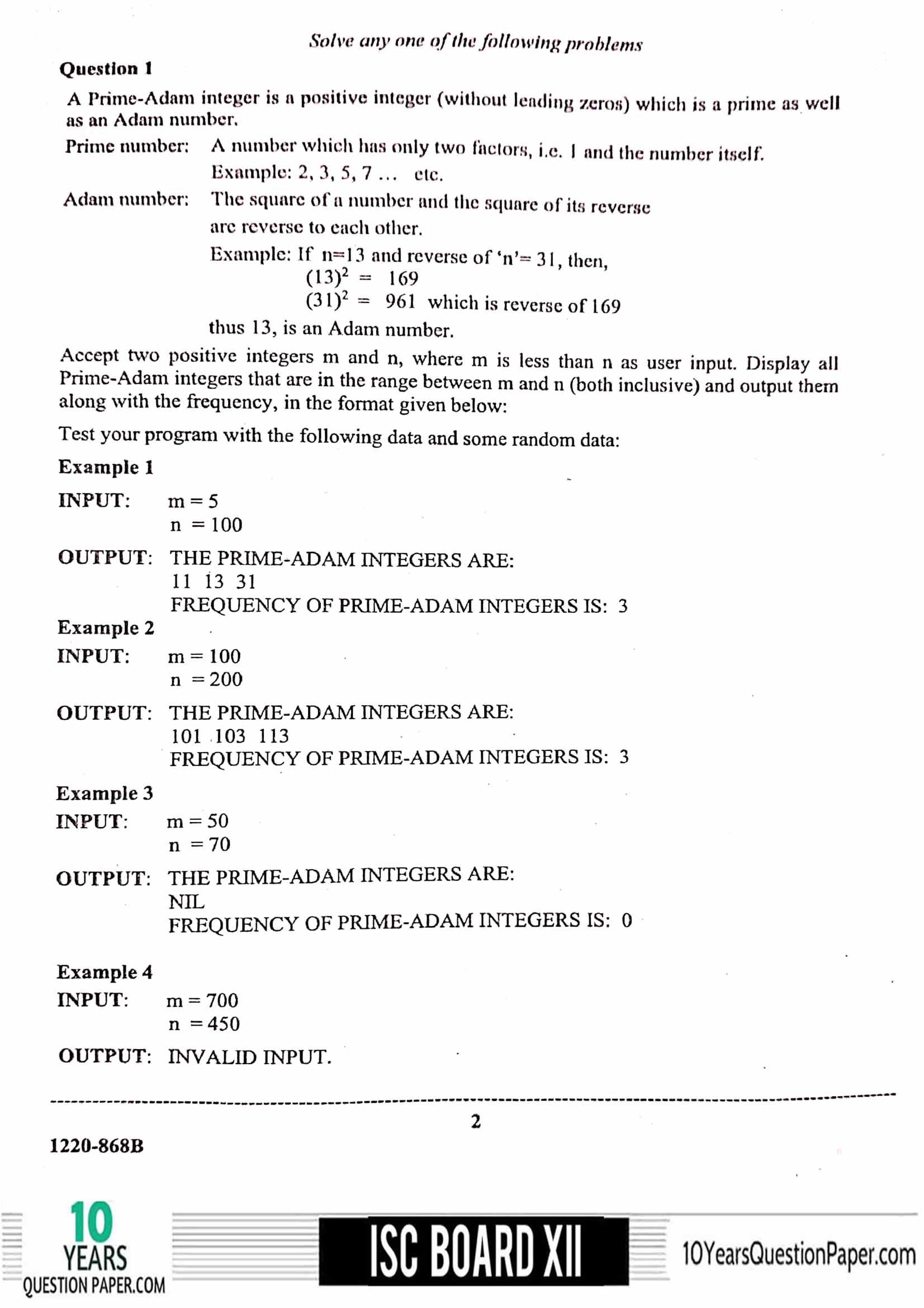 ISC Class 12 Computer Science Practical 2020 Question Paper