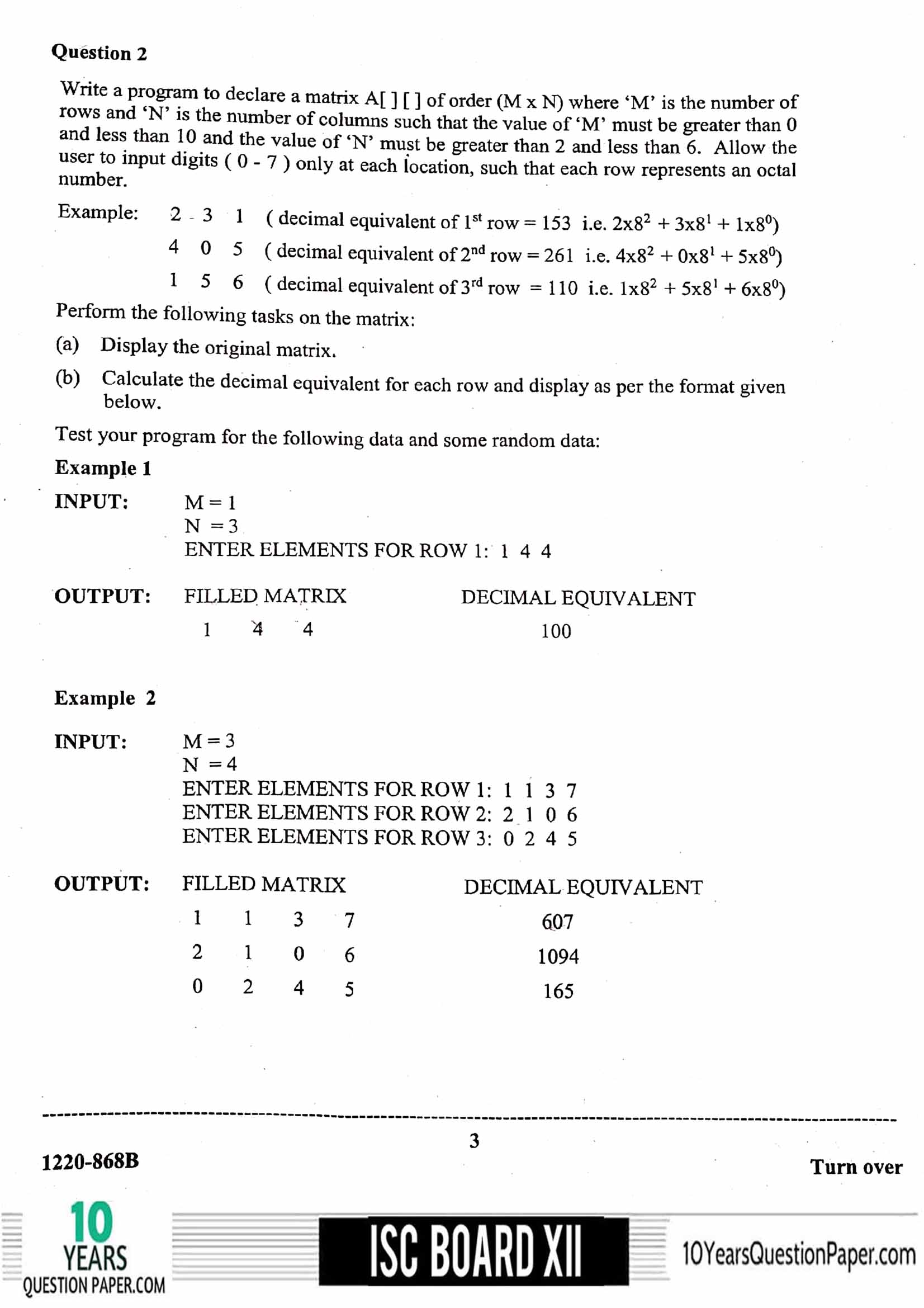 ISC Class 12 Computer Science Practical 2020 Question Paper