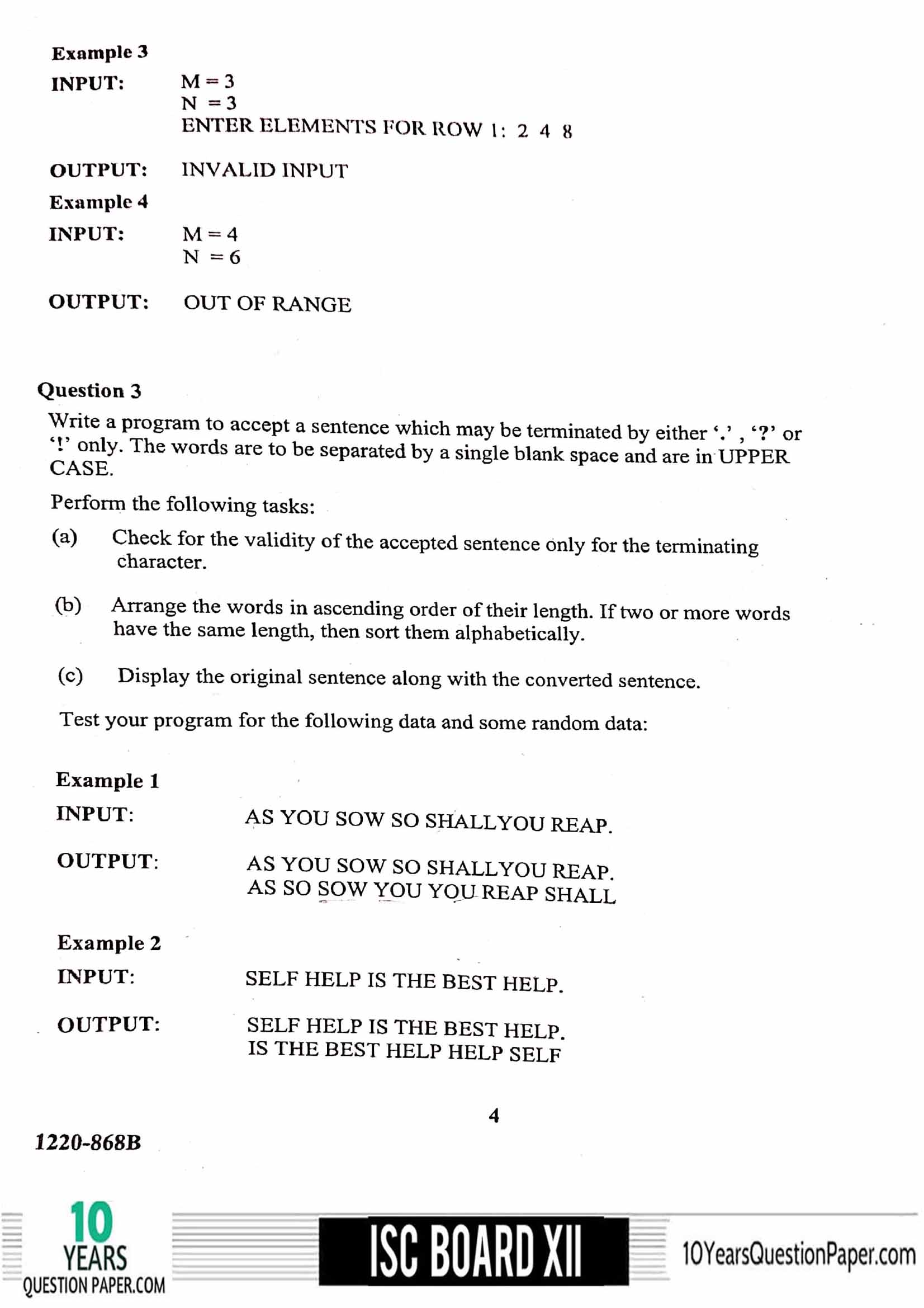 ISC Class 12 Computer Science Practical 2020 Question Paper