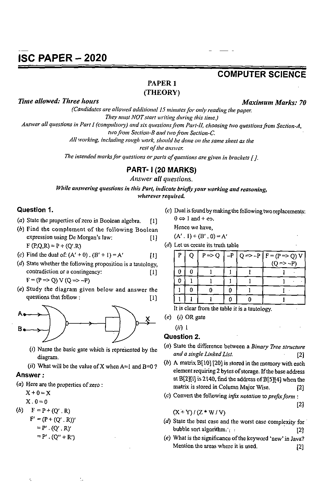 ISC Class 12 Computer Science 2020 Question Paper