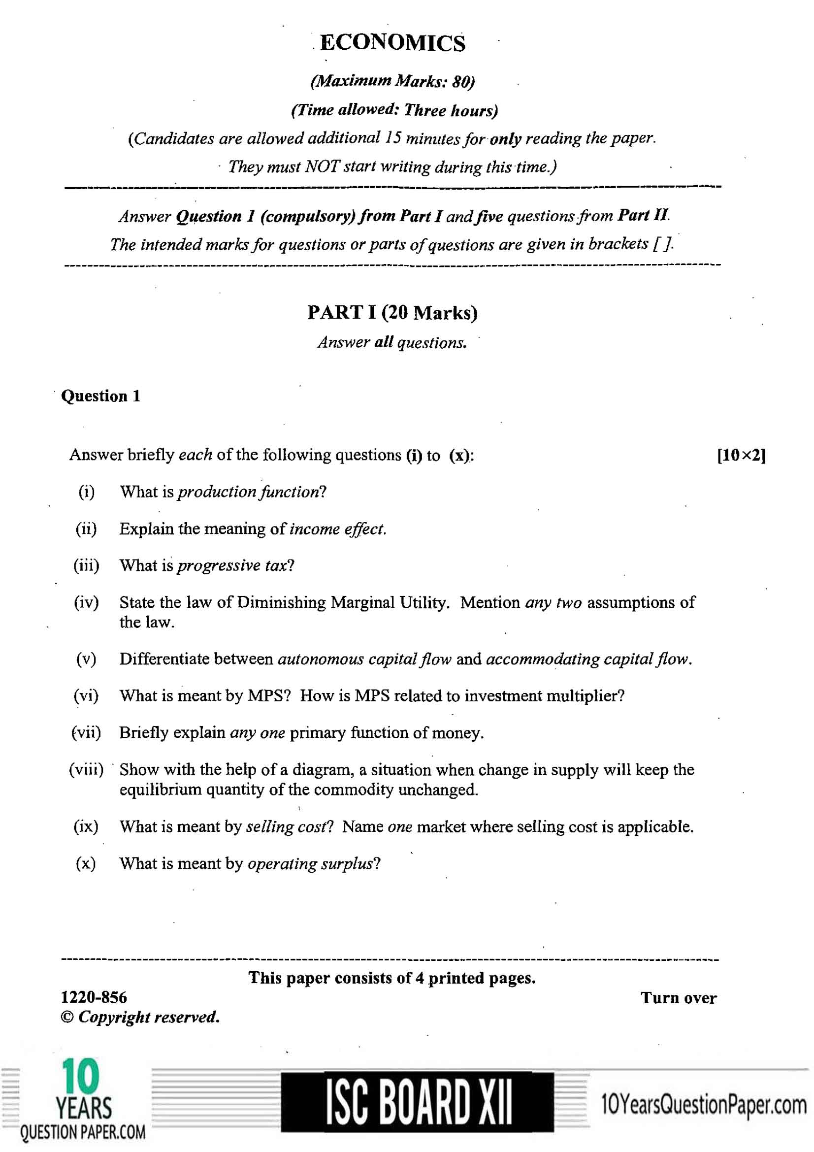 ISC Class 12 Economics 2020 Question Paper