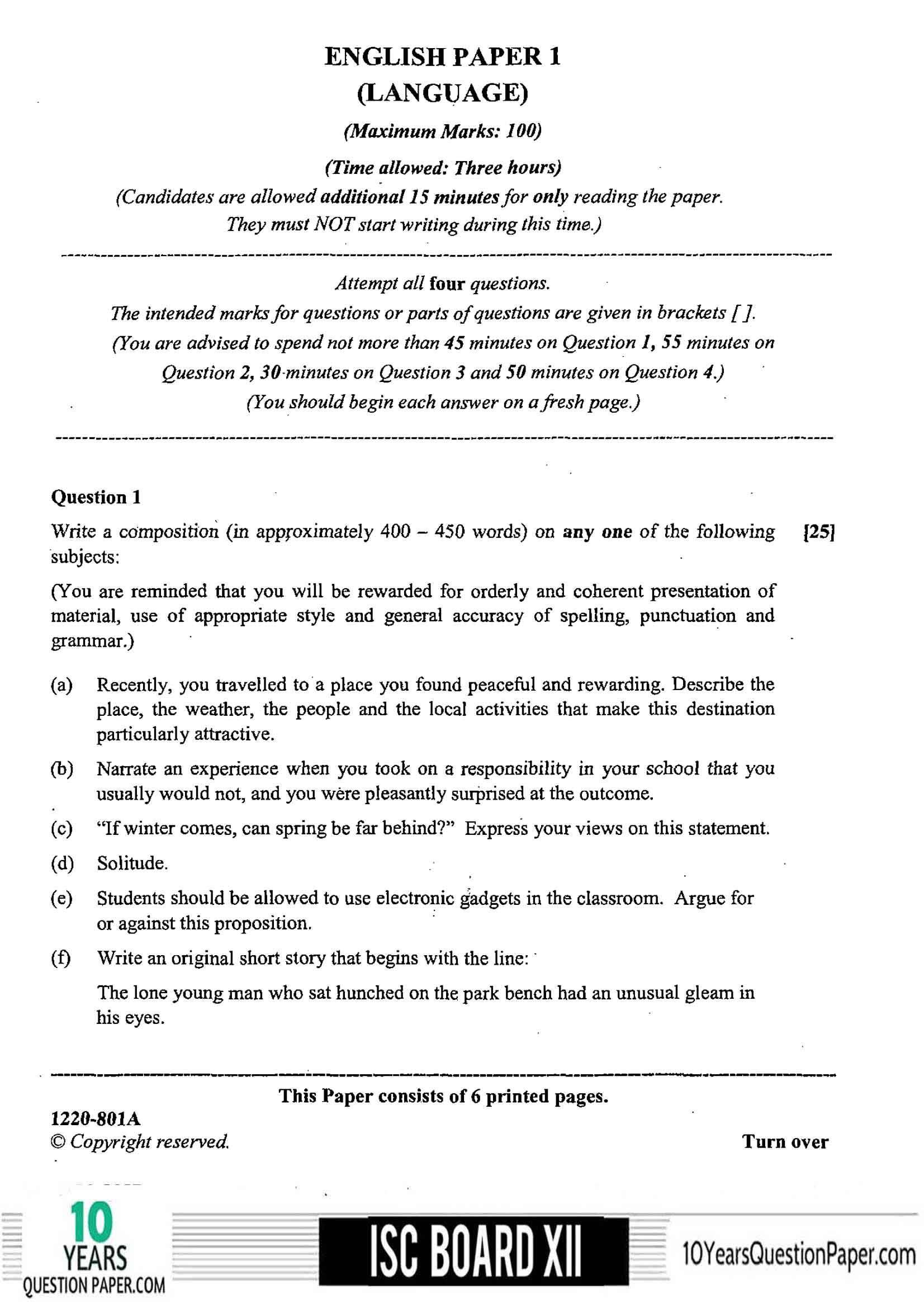 ISC Class 12 English Language 2020 Question Paper