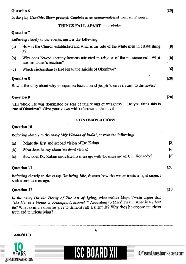 ISC Class 12 English Literature 2020 Question Paper