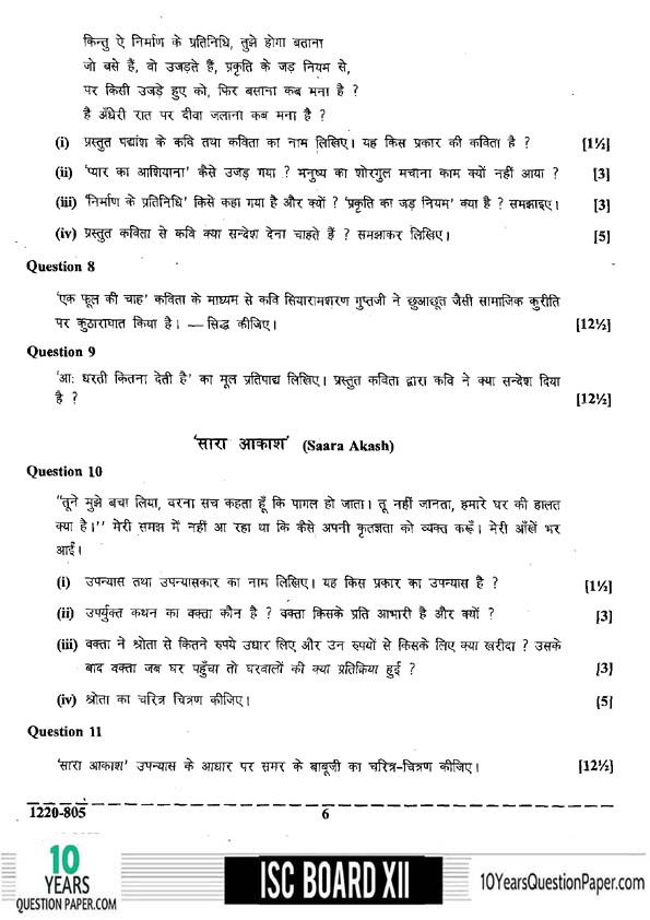 ISC Class 12 Hindi 2020 Question Paper