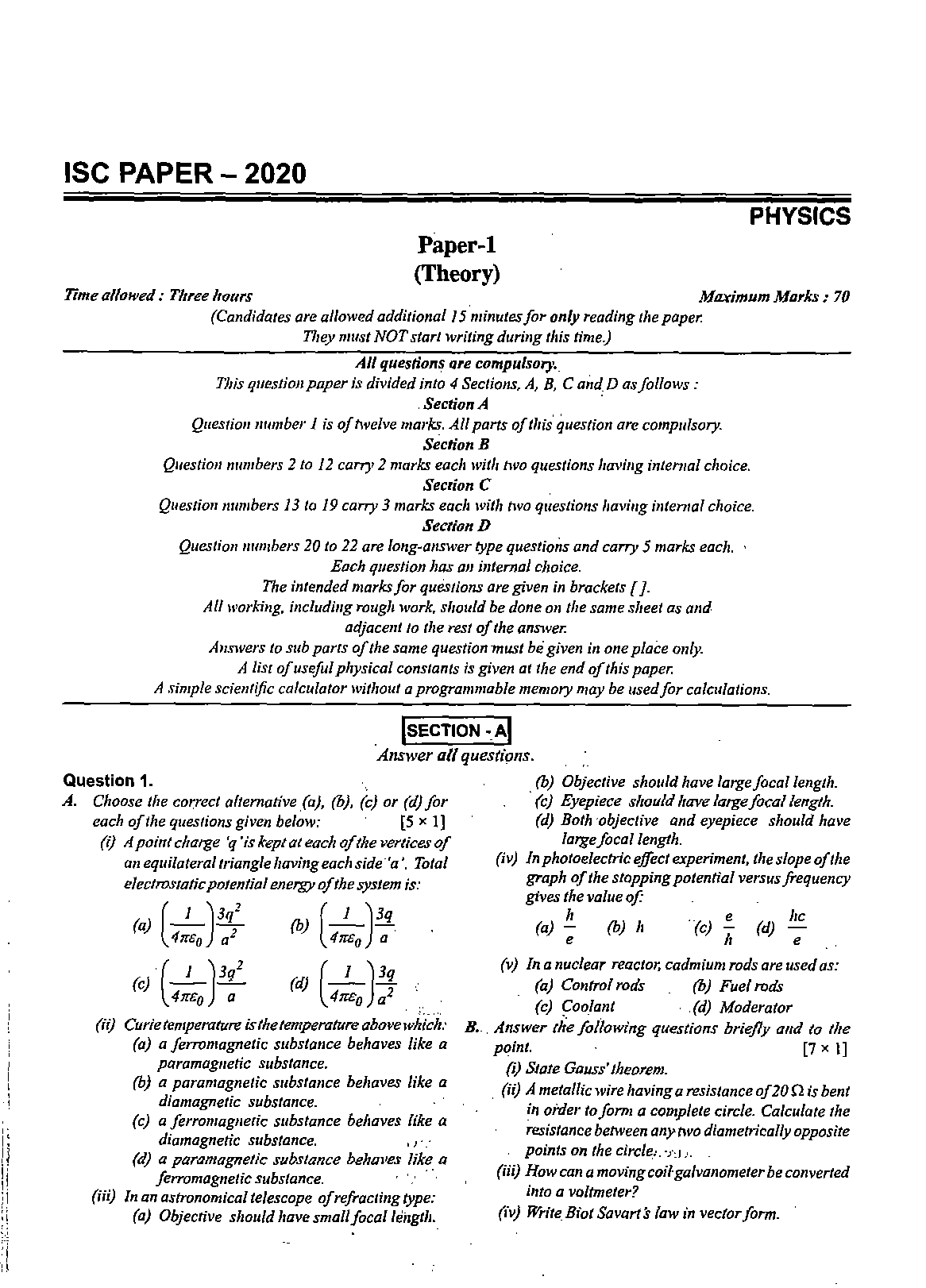 ISC Class 12 Physics 2020 Question Paper