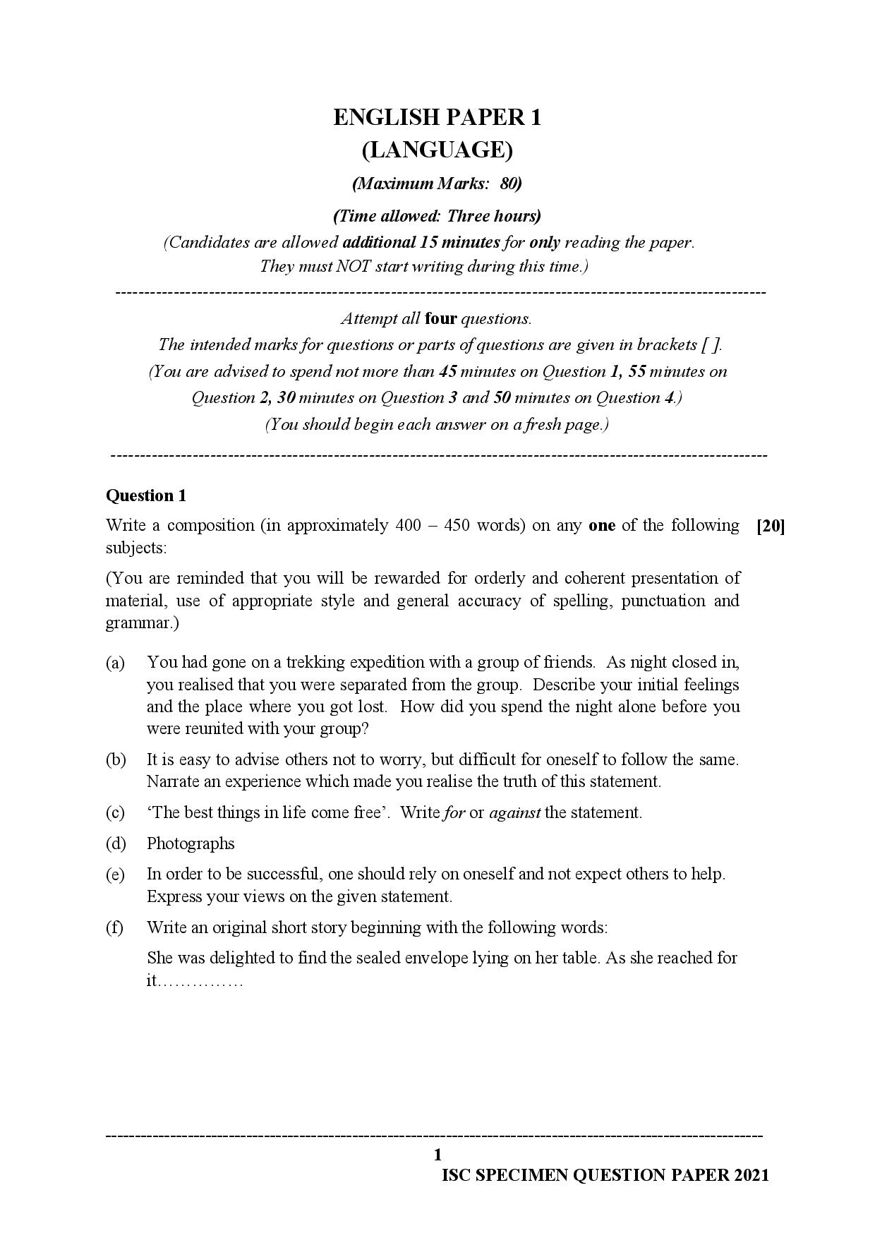 Specimen Paper English Language 2021 Isc Example Papers