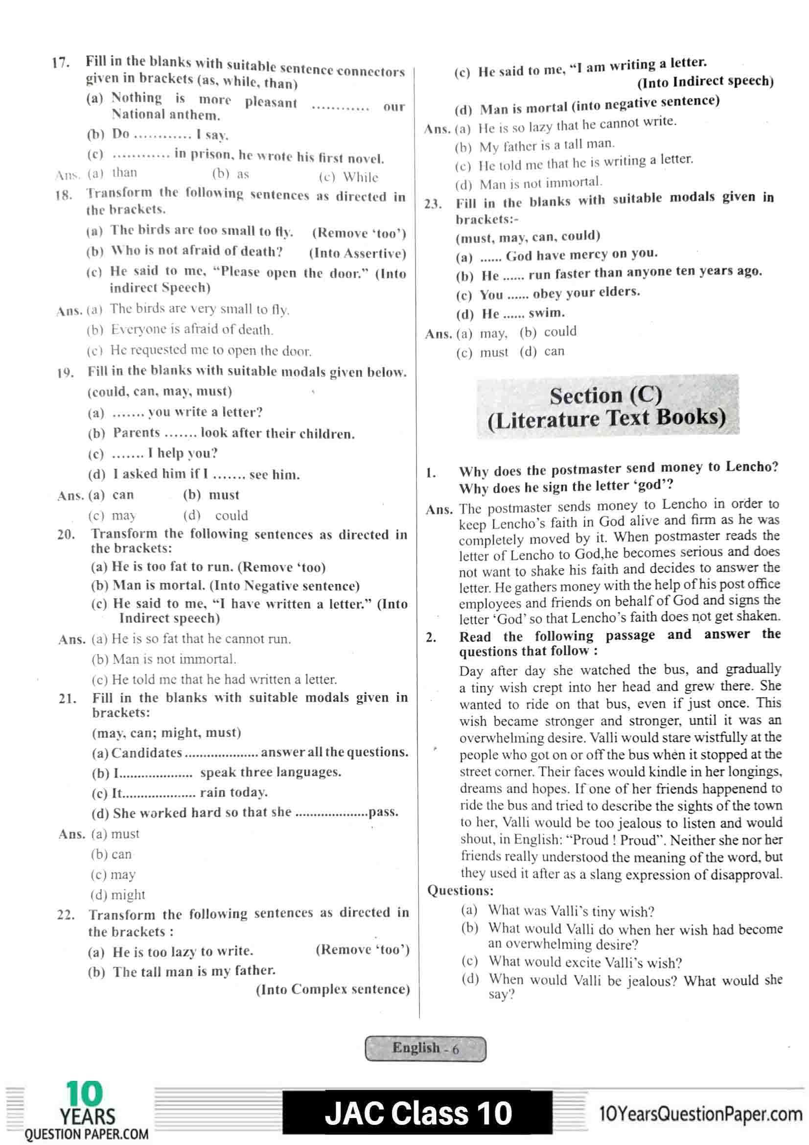 JAC class 10 english 2021 solved sample paper 06