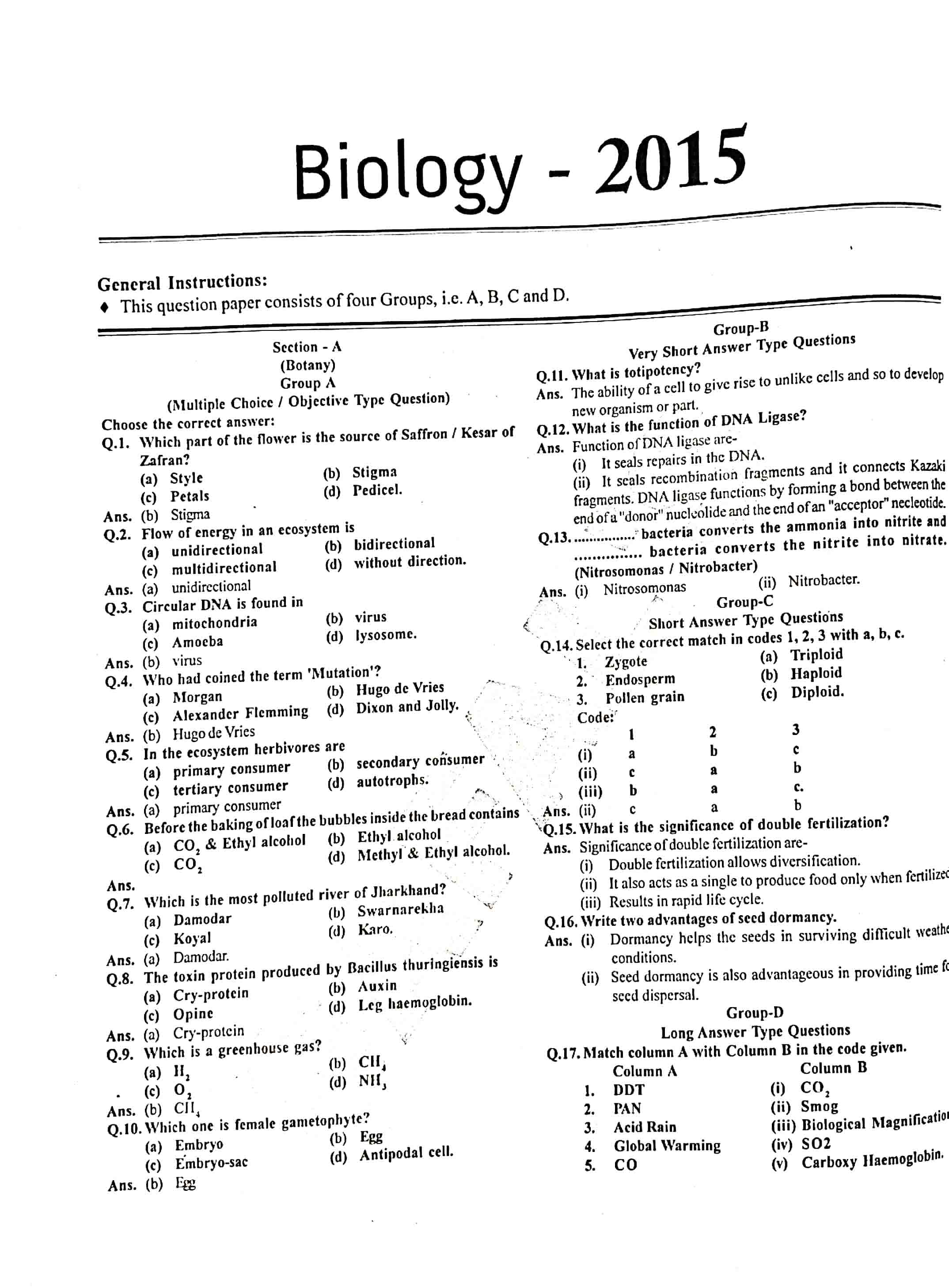 JAC Class 12 biology 2015 Question Paper 01