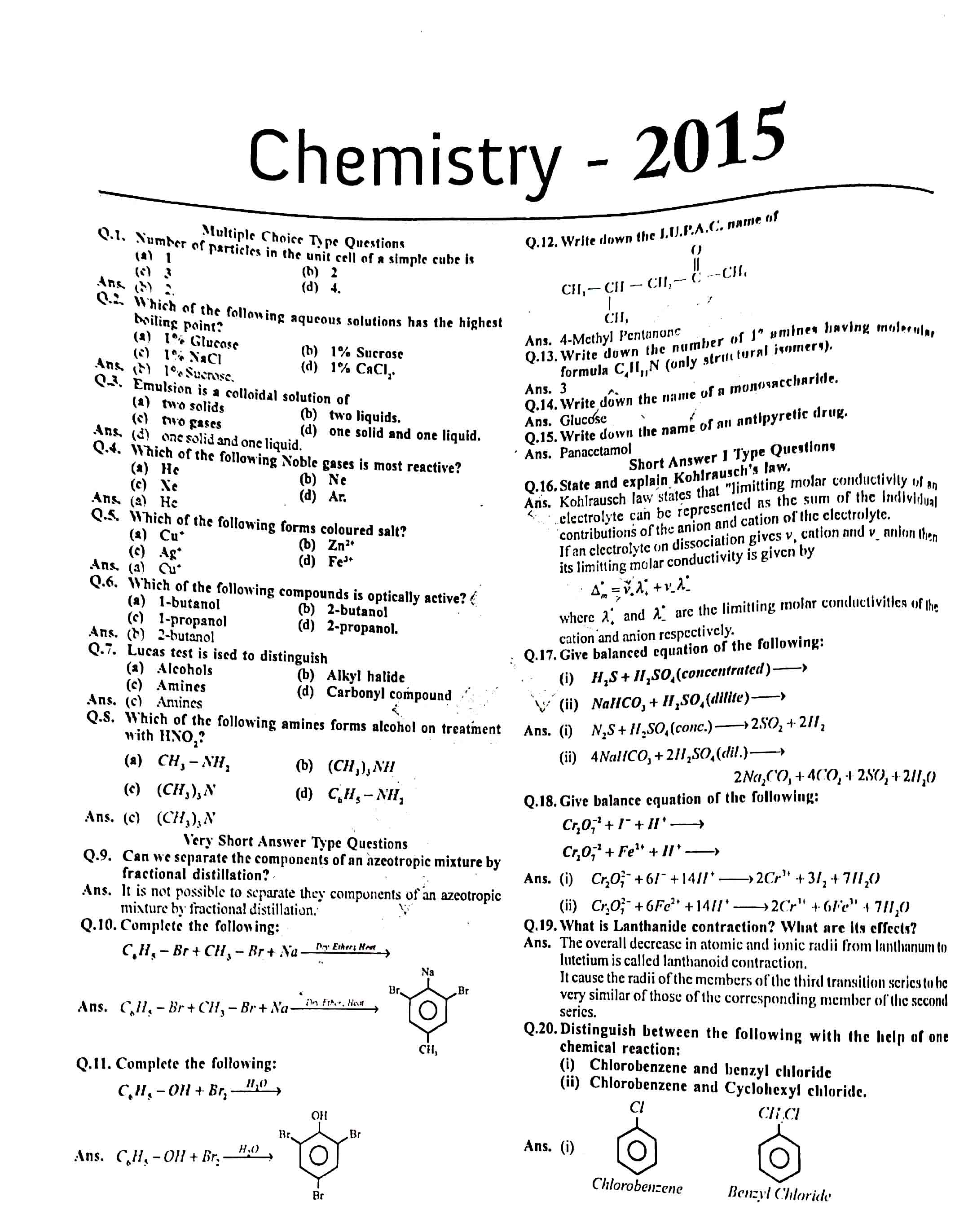 JAC Class 12 chemistry 2015 Question Paper 01