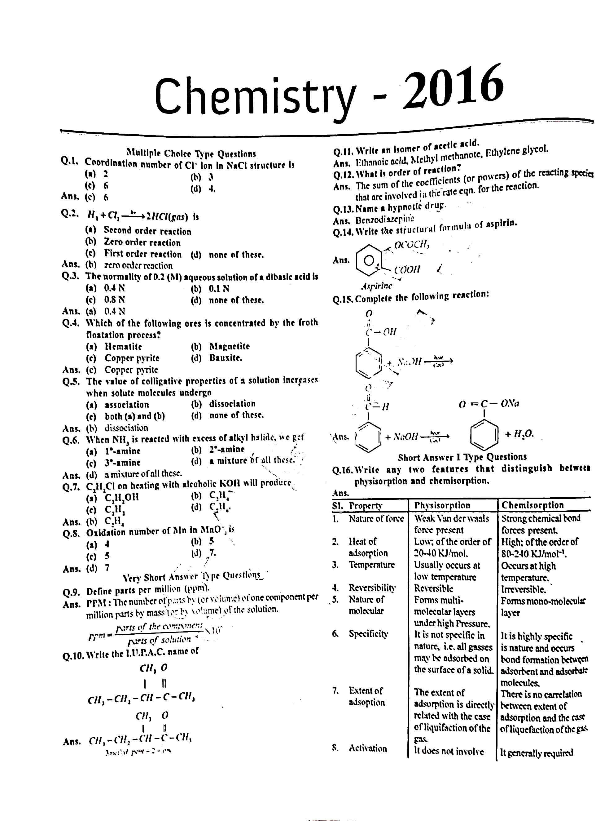 JAC Class 12 chemistry 2016 Question Paper 01