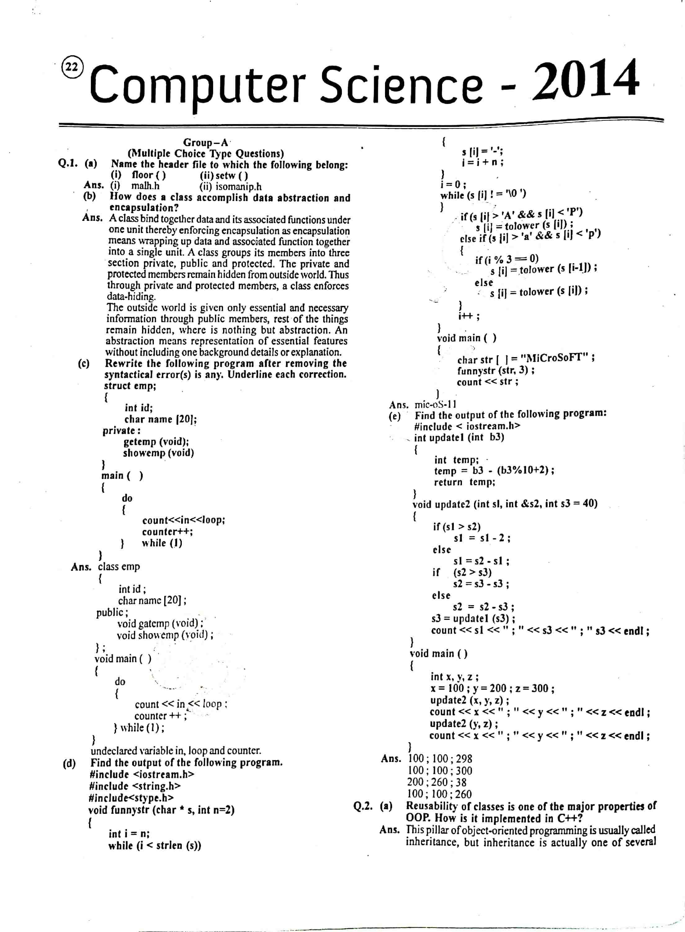 JAC Class 12 Computer Science 2014 Question Paper 01