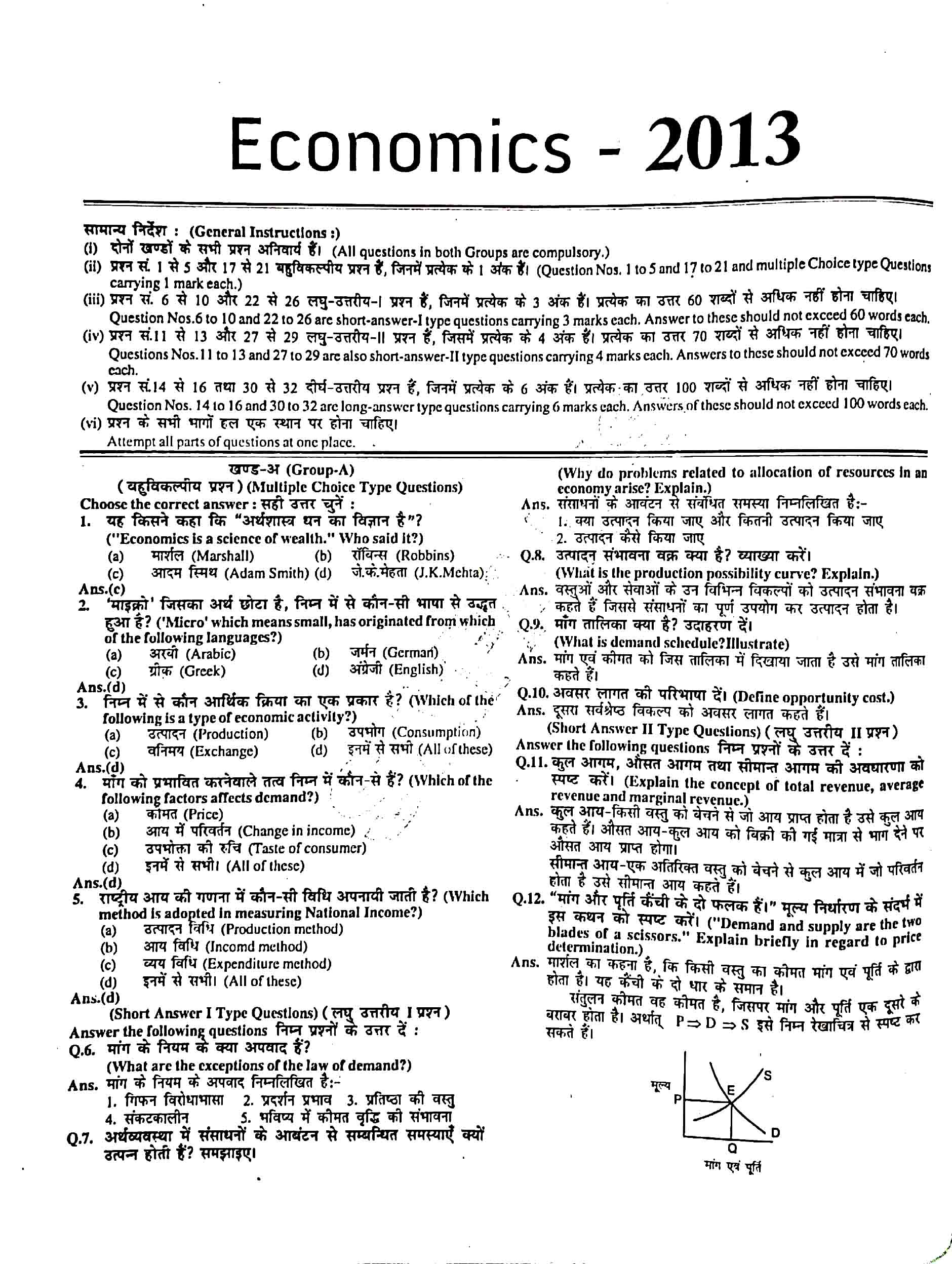 JAC Class 12 economics 2013 Question Paper 01