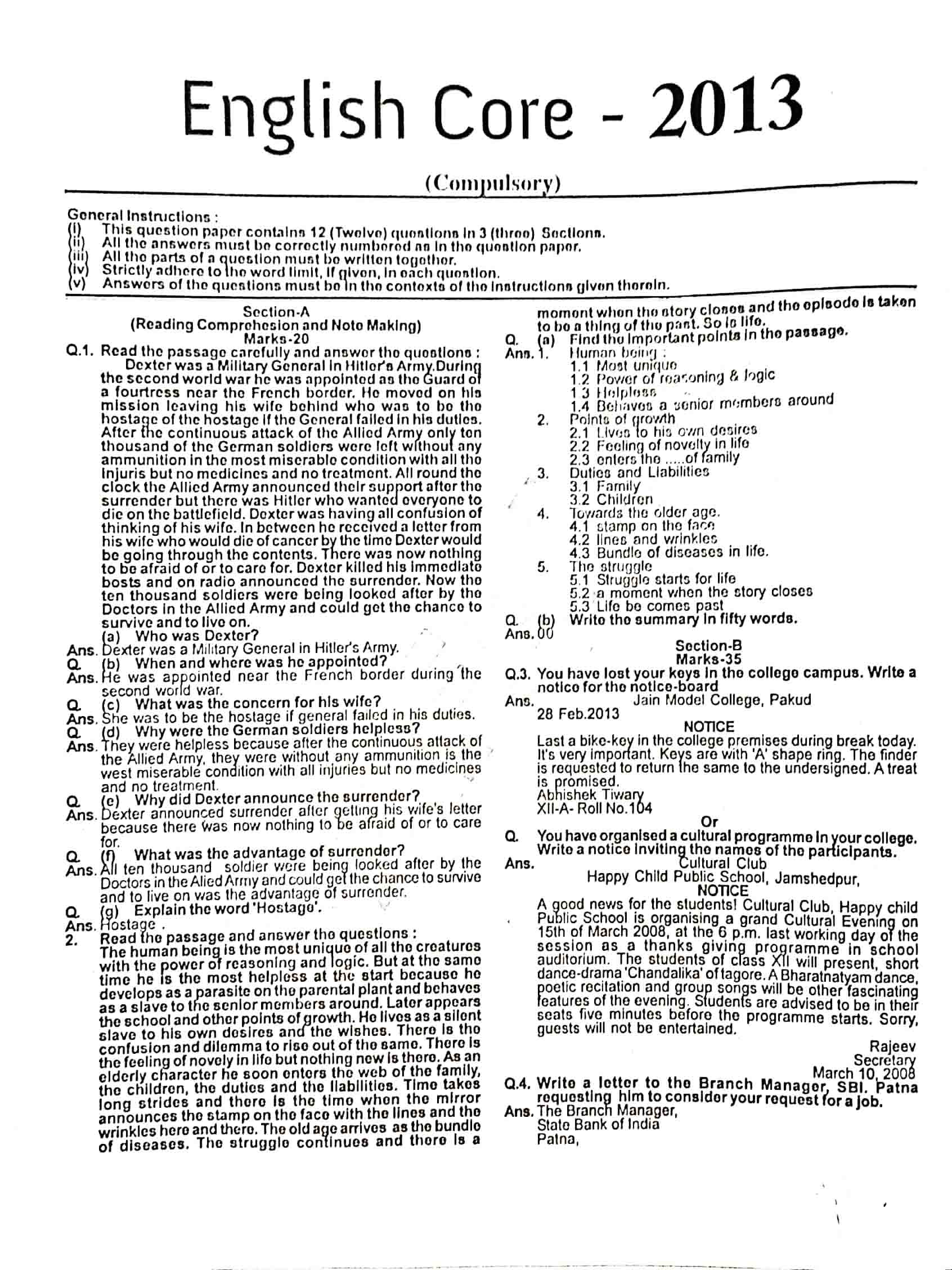 JAC Class 12 english-core 2013 Question Paper 01