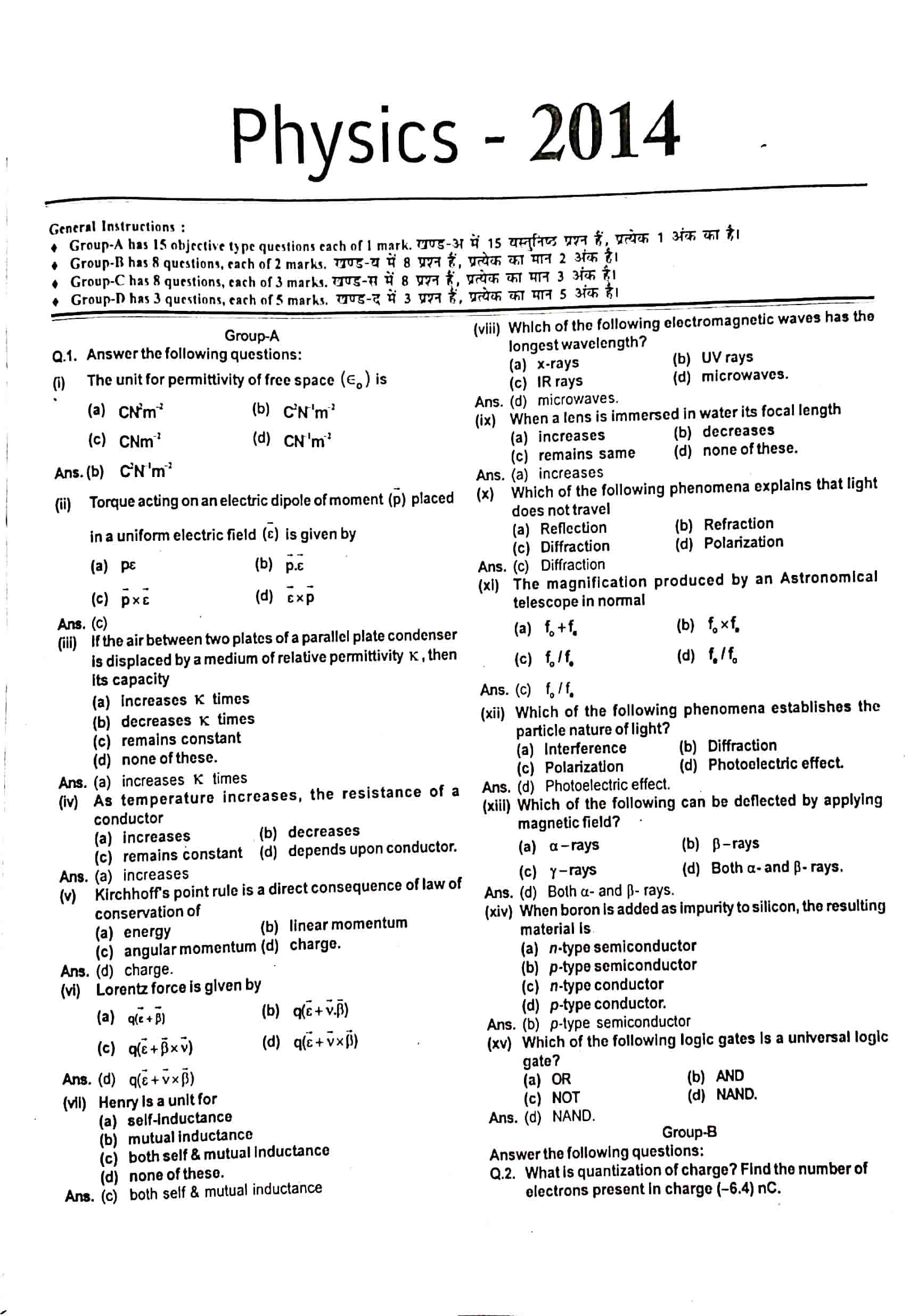 JAC Class 12 Physics 2014 Question Paper 01