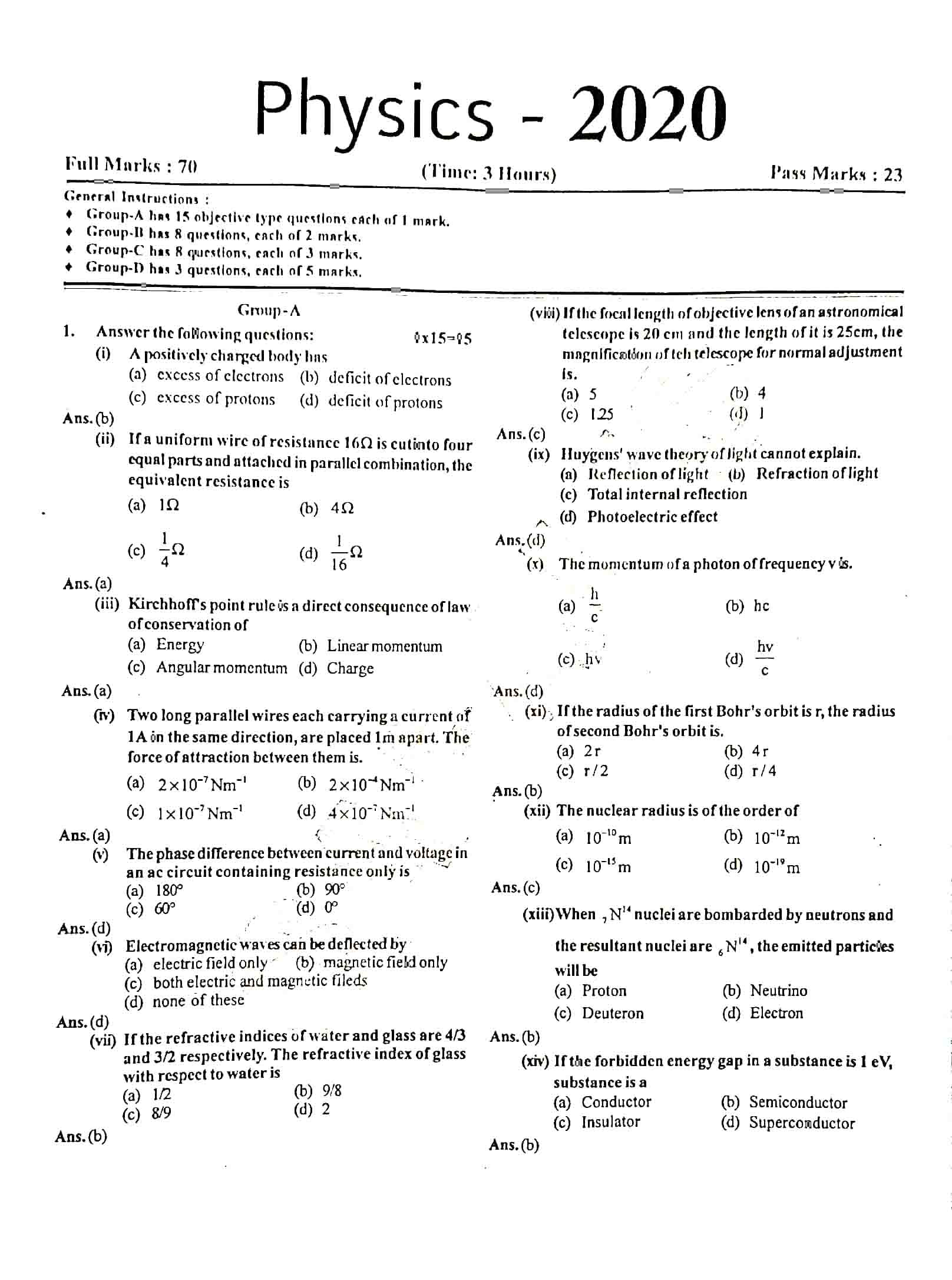 JAC Class 12 Physics 2020 Question Paper 01