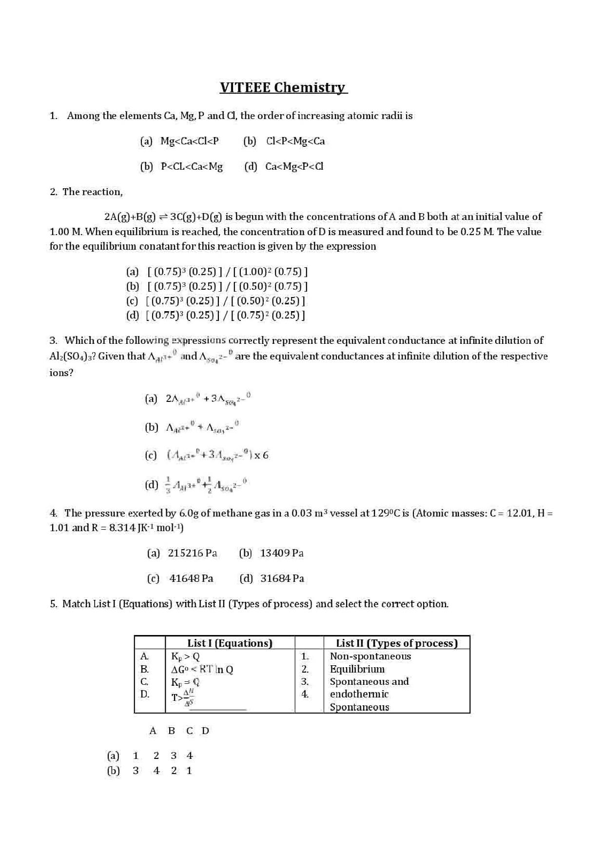 VITEEE Chemistry 2019 Question Paper