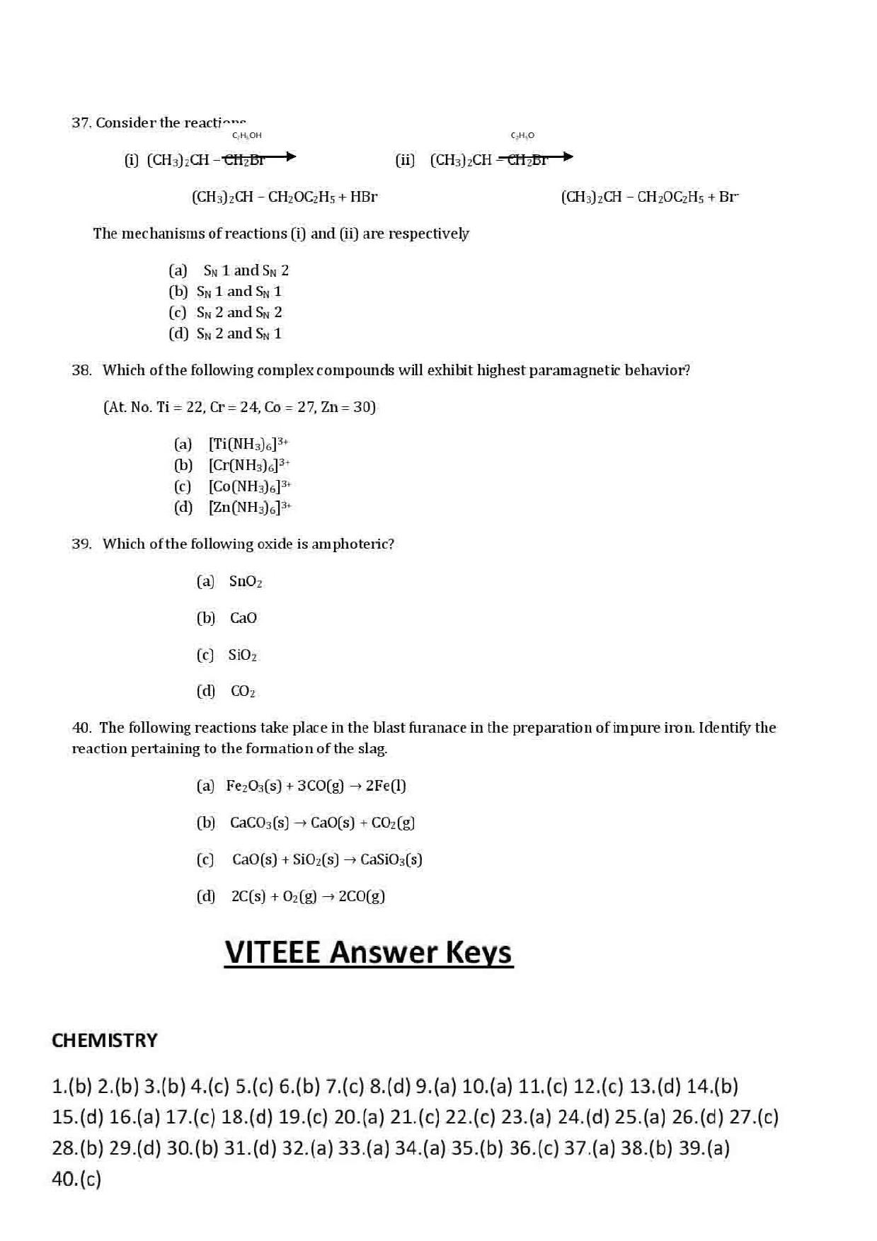 VITEEE Chemistry 2019 Question Paper