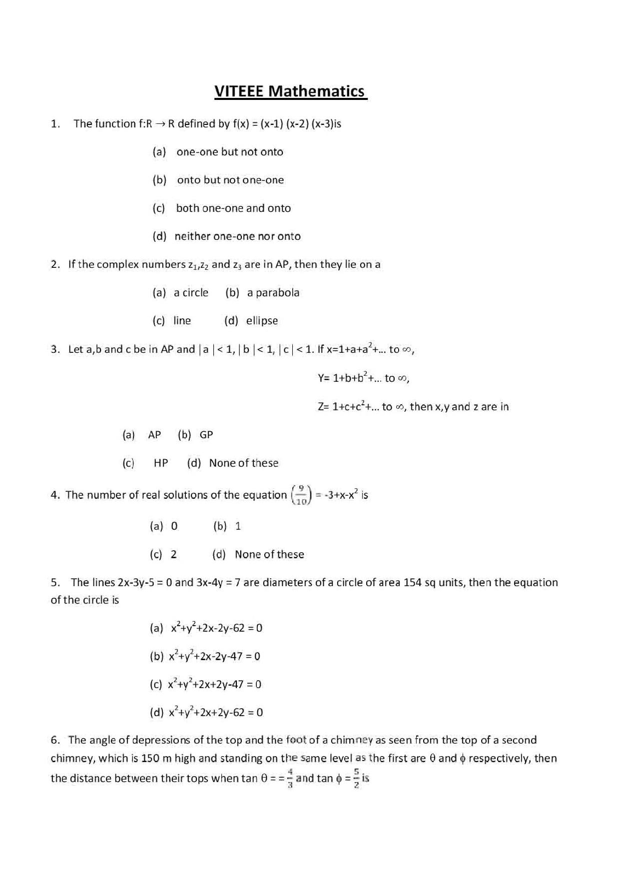 VITEEE Mathematics 2019 Question Paper