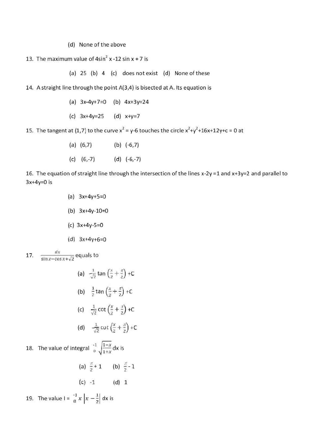 VITEEE Mathematics 2019 Question Paper