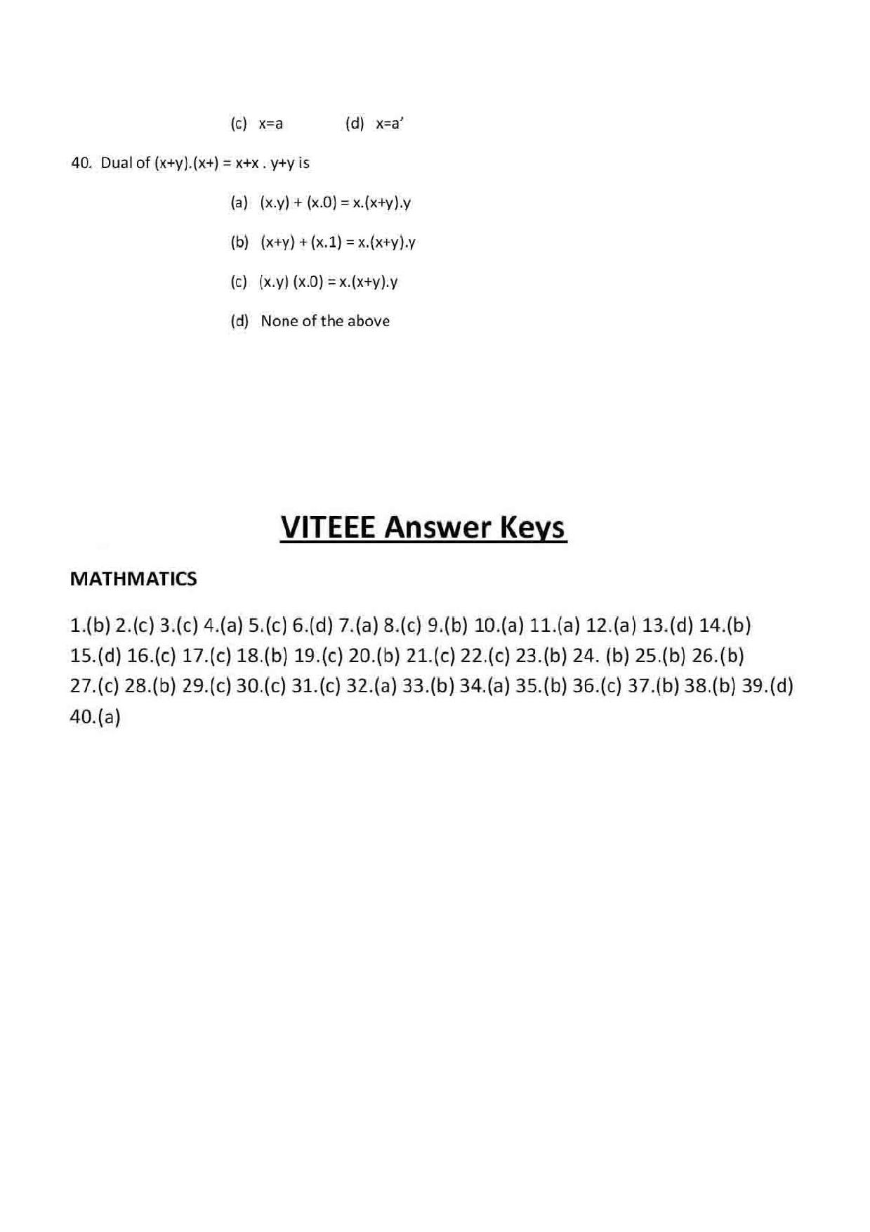 VITEEE Mathematics 2019 Question Paper